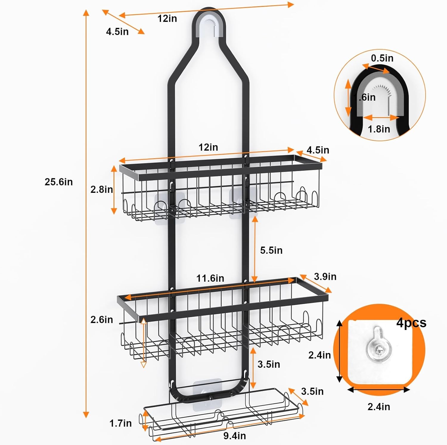 Shower Caddy Hanging over Head, Height Adjustable Bathroom Black Rustproof Shower Organizer Hanging Shelf Storage with 2 Soap Holders, Hooks for Towels, Sponge, Razor