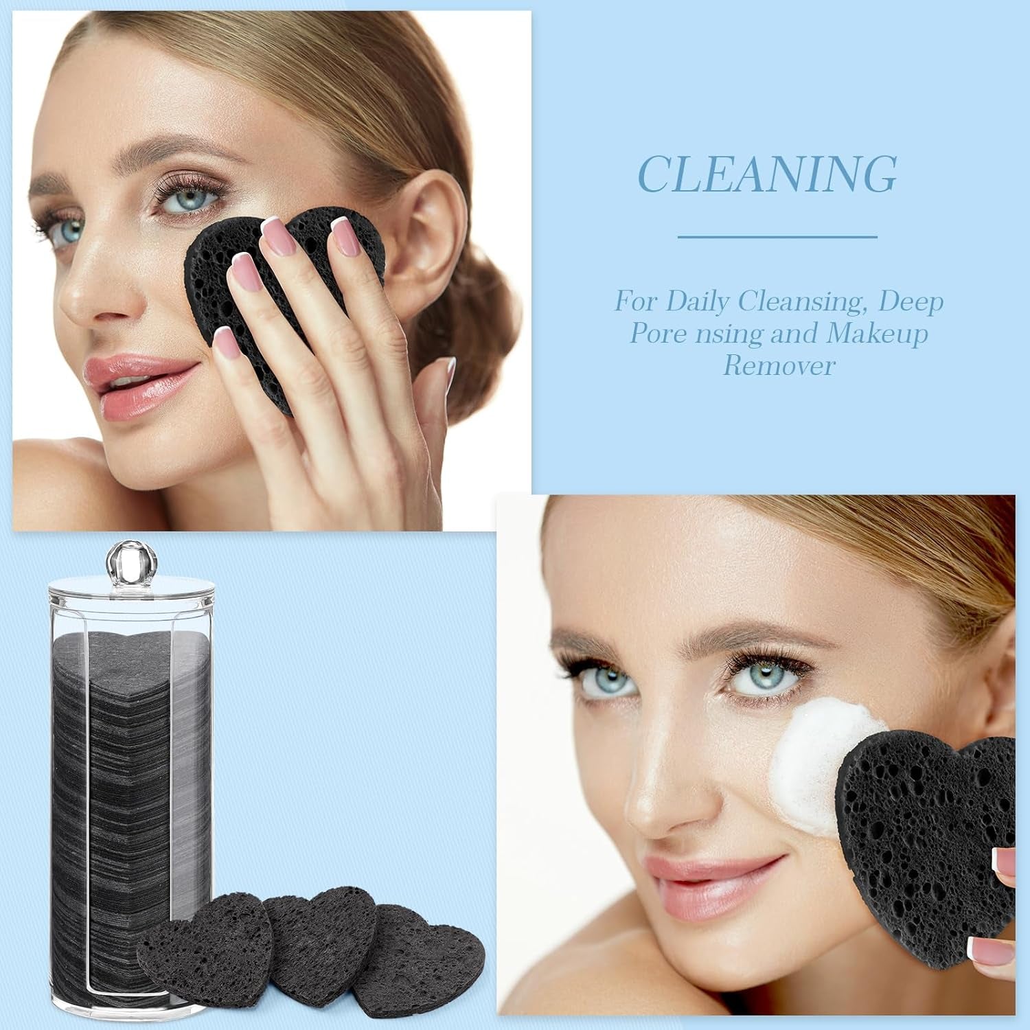 120 Pcs Compressed Facial Sponges with Container Disposable Face Sponge Pads for Washing Face Cleansing Exfoliating Esthetician Makeup Removal(Heart,Black)