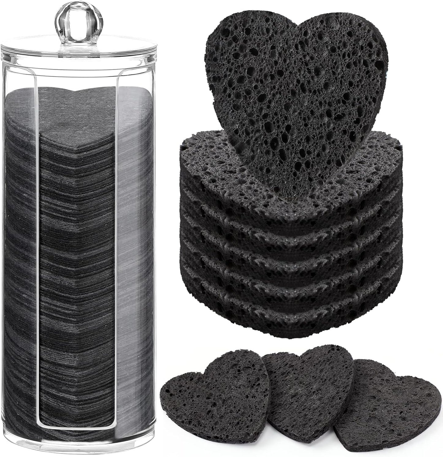 120 Pcs Compressed Facial Sponges with Container Disposable Face Sponge Pads for Washing Face Cleansing Exfoliating Esthetician Makeup Removal(Heart,Black)