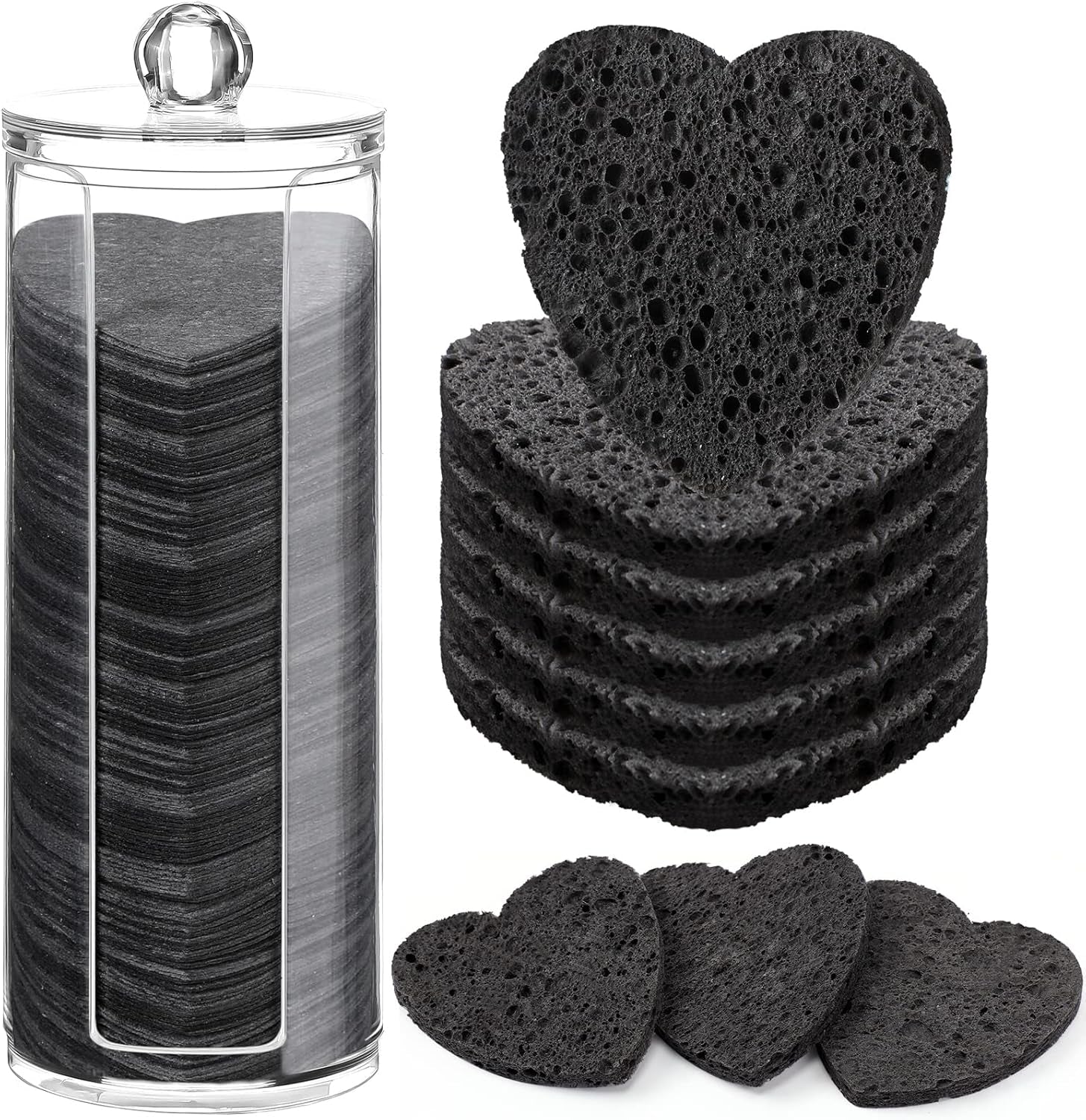 120 Pcs Compressed Facial Sponges with Container Disposable Face Sponge Pads for Washing Face Cleansing Exfoliating Esthetician Makeup Removal(Heart,Black)