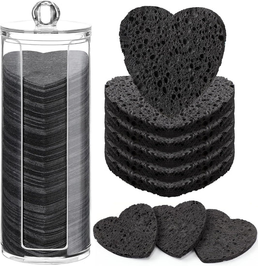 120 Pcs Compressed Facial Sponges with Container Disposable Face Sponge Pads for Washing Face Cleansing Exfoliating Esthetician Makeup Removal(Heart,Black)