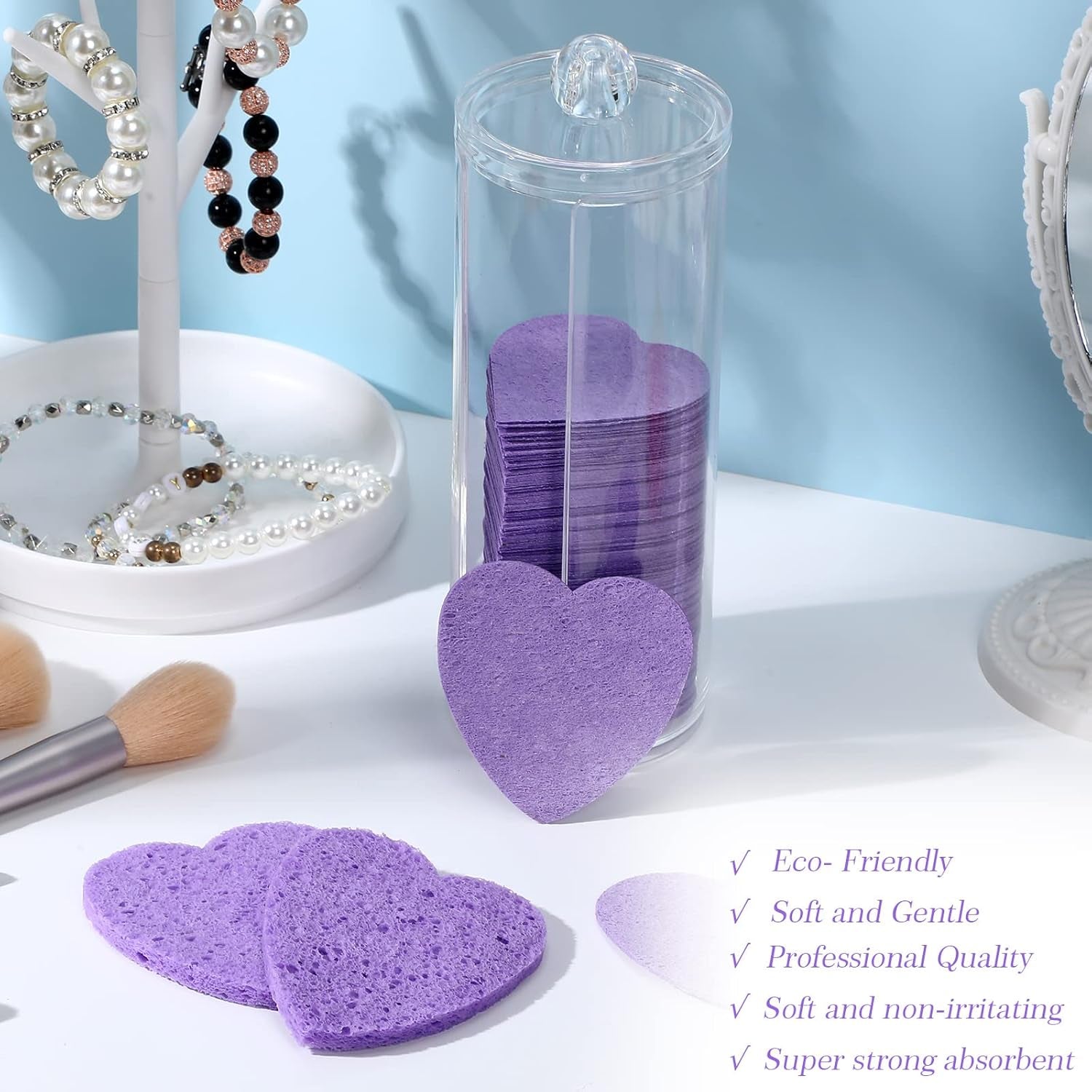 120 Pcs Compressed Facial Sponges with Container Disposable Face Sponge Pads for Washing Face Cleansing Exfoliating Esthetician Makeup Removal(Heart,Purple)