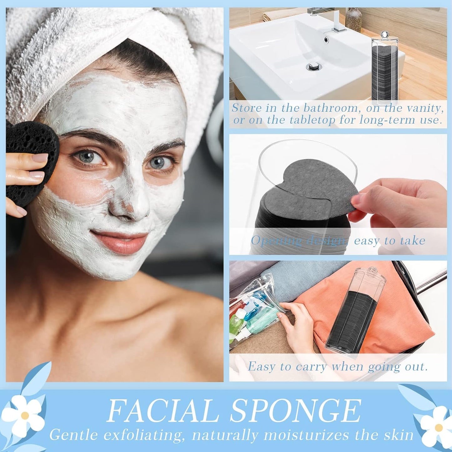 120 Pcs Compressed Facial Sponges with Container Disposable Face Sponge Pads for Washing Face Cleansing Exfoliating Esthetician Makeup Removal(Heart,Black)