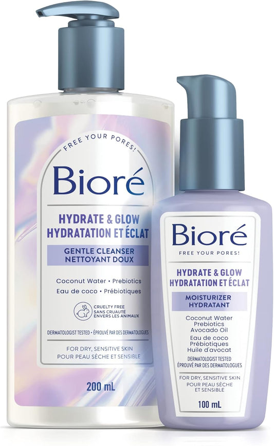 Hydrate & Glow Cleanser & Moisturizer Duo, for Dry, Sensitive Skin, Infused with Prebiotics, Avocado Oil and Coconut Water |Dermatologist Tested, Cruelty Free and Fragrance Free (200Ml & 100Ml)
