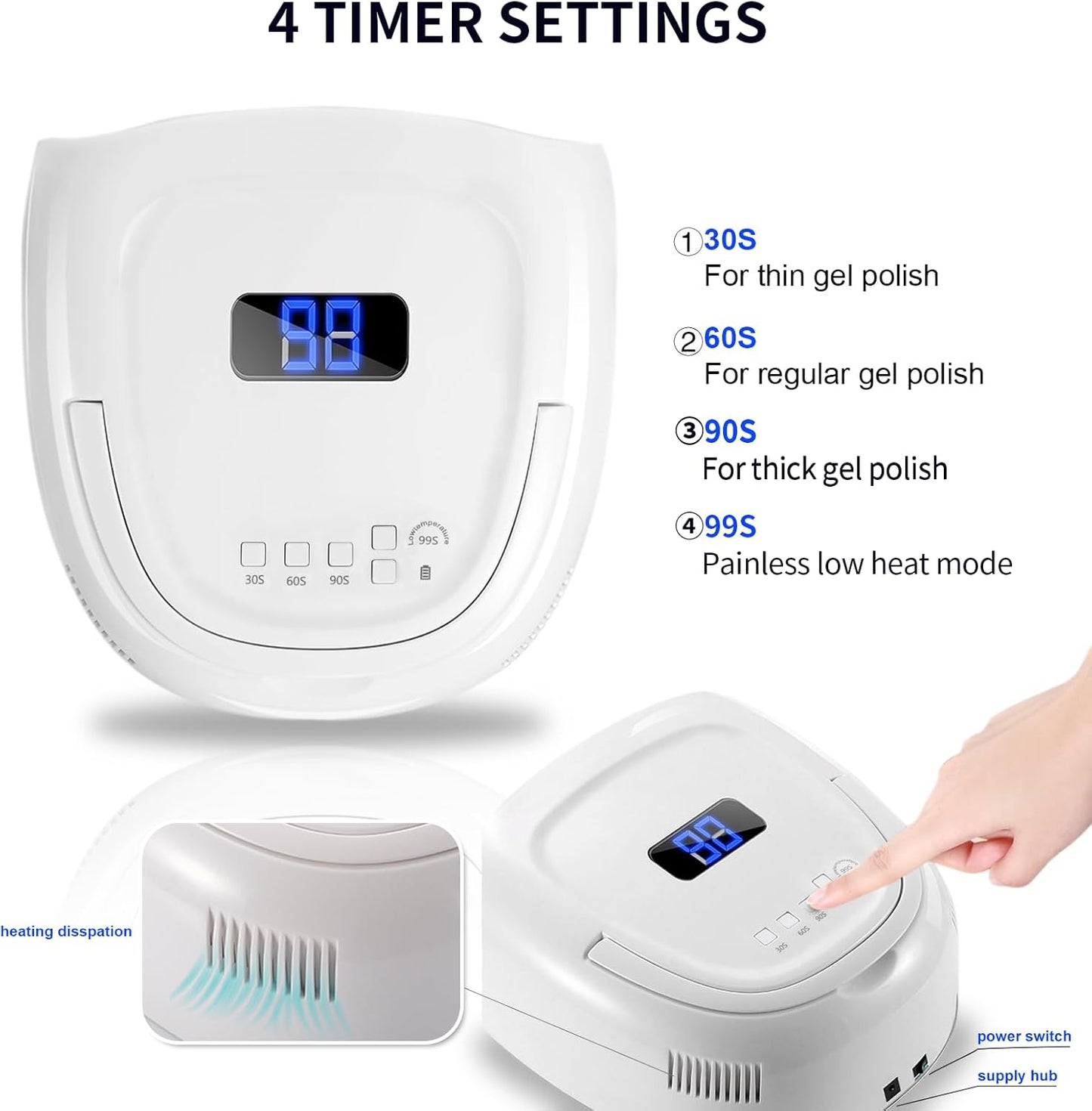 UV LED Nail Lamp,60W Professional Rechargeable UV LED Nail Dryer for Gel Nail Polish Dryer Fast Curing Lamp, 4 Timer Settings Gel Nail Lights for Auto Sensor Nail Machine (White)