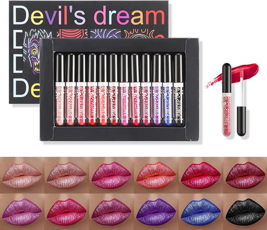 12 Colors Lipstick Set Metallic Sparkly Lipgloss,Diamond Shining Liquid Lipstick for Party, Masquerade, Cosplay, Christmas,Halloween