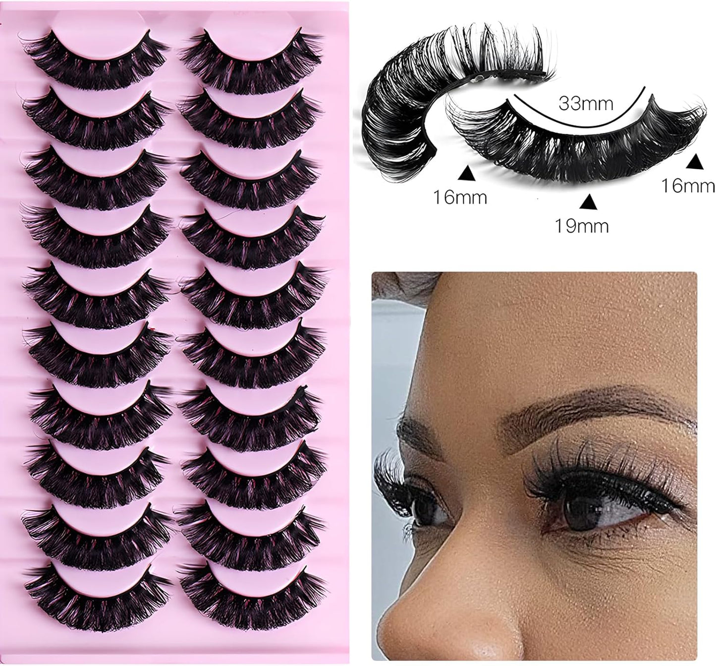 10 Pairs False Eyelashes Russian Strips Eye Lashes Fluffy False Lash Wispy Eyelash Extension Natural Look D Curly Volume Fake Eyelashes Reusable Eye Lash for Women Girls