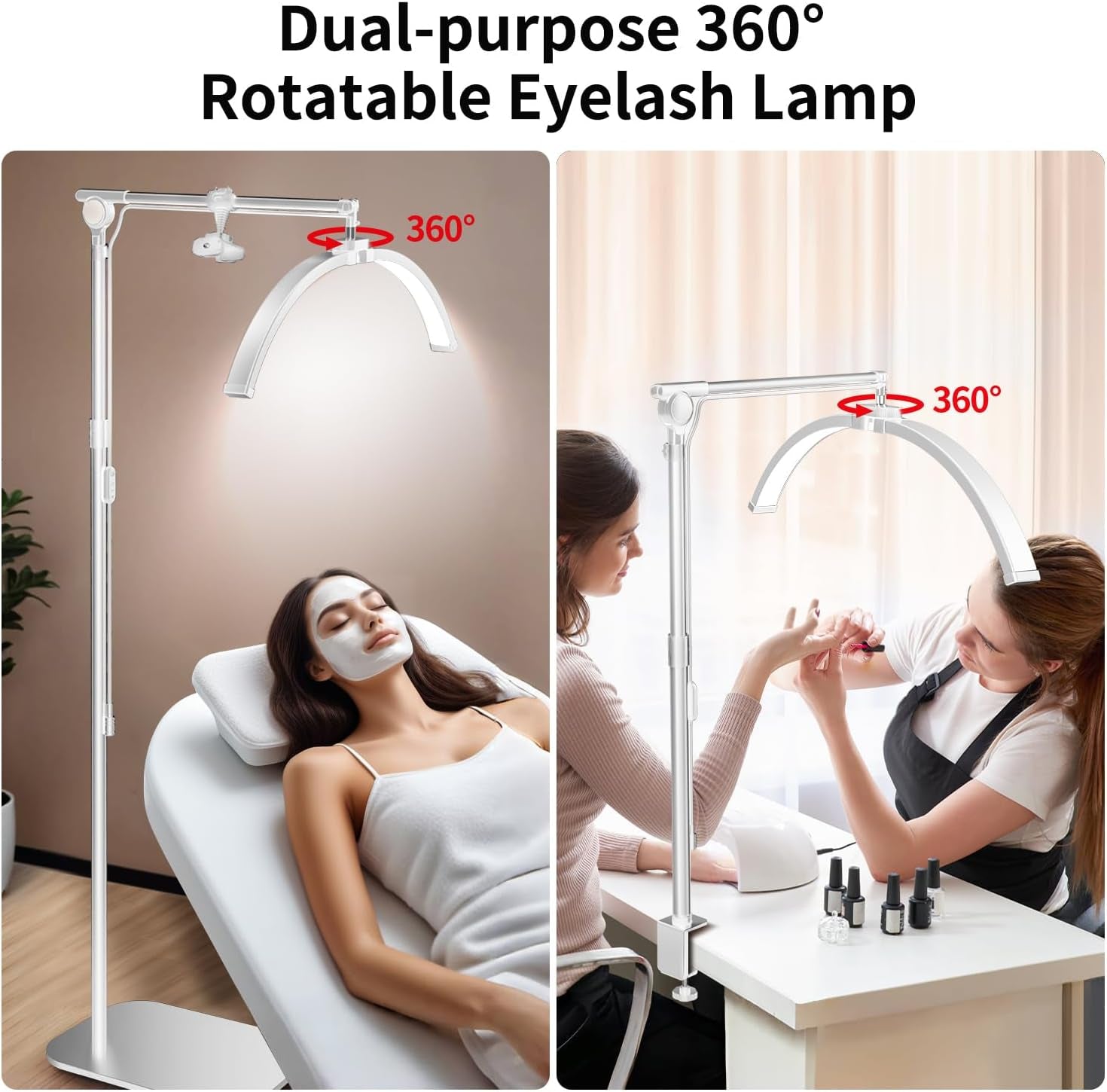 Lash Light for Eyelash Tech, Foldable Floor Lash Lamp for Eyelash Extensions, LED Half Moon Light Lashes Tech with Phone Holder, Dimmable Esthetician Lights for Skincare/Tattoo/Beauty (White)