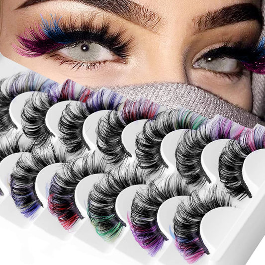 Colored Eyelashes False Eyelashes Curl Lashes with Color 16Mm 7 Colors Mink Colorful Lashes Russian Strip Lashes Fake Lashes Extension Angel Wing Lashes