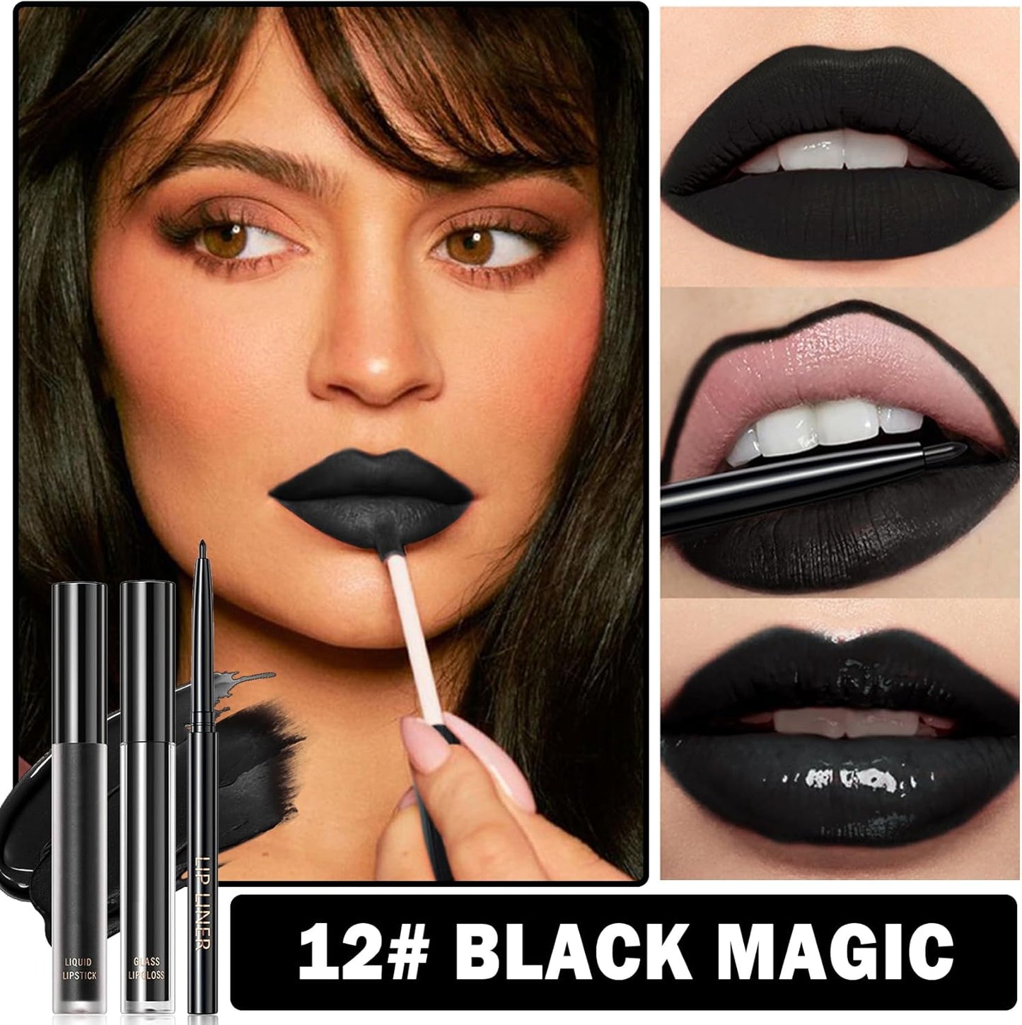 3 in 1 Black Lip Liner Pencil and Lipstick Lipgloss Set Matte Black Lipstick Lip Gloss Kit Long-Lasting Nonstick Cup Smudge Proof Lip Kits with Lip Liner,Highly Pigmented Velvet Goth Makeup (12#Black Magic)