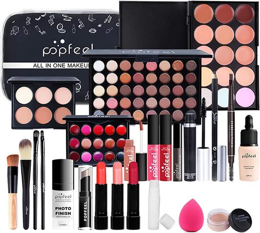 All-In-One Holiday Makeup Gift Set | Makeup Kit for Women Full Kit Cosmetic Essential Starter Bundle Include Eyeshadow Palette Lipstick Blush Foundation Concealer Face Powder Lipgloss Brush