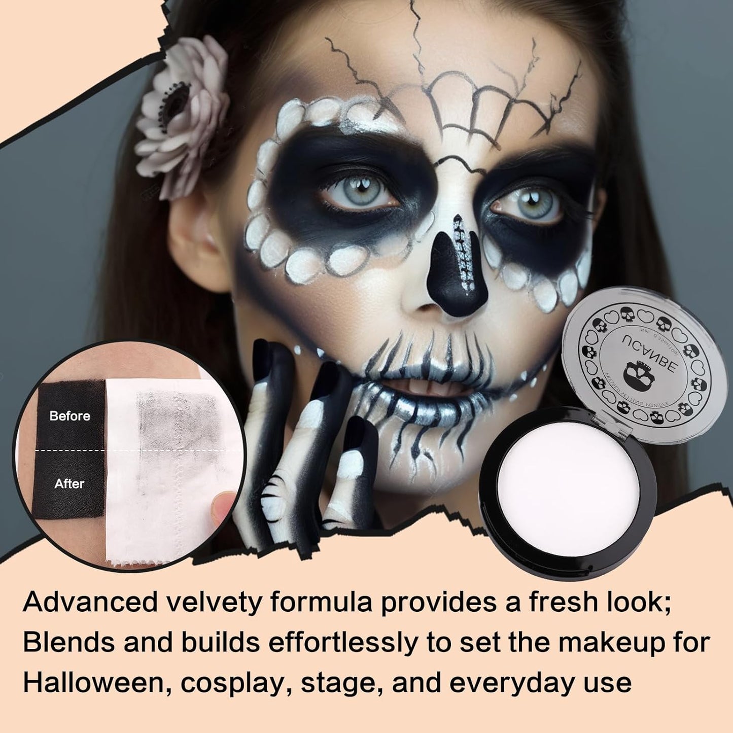 White Pressed Setting Powder for Special Effects & Halloween Makeup, Translucent Matte Finishing Powder, Baking White Face Powder for Long Lasting Coverage, Portable Compact