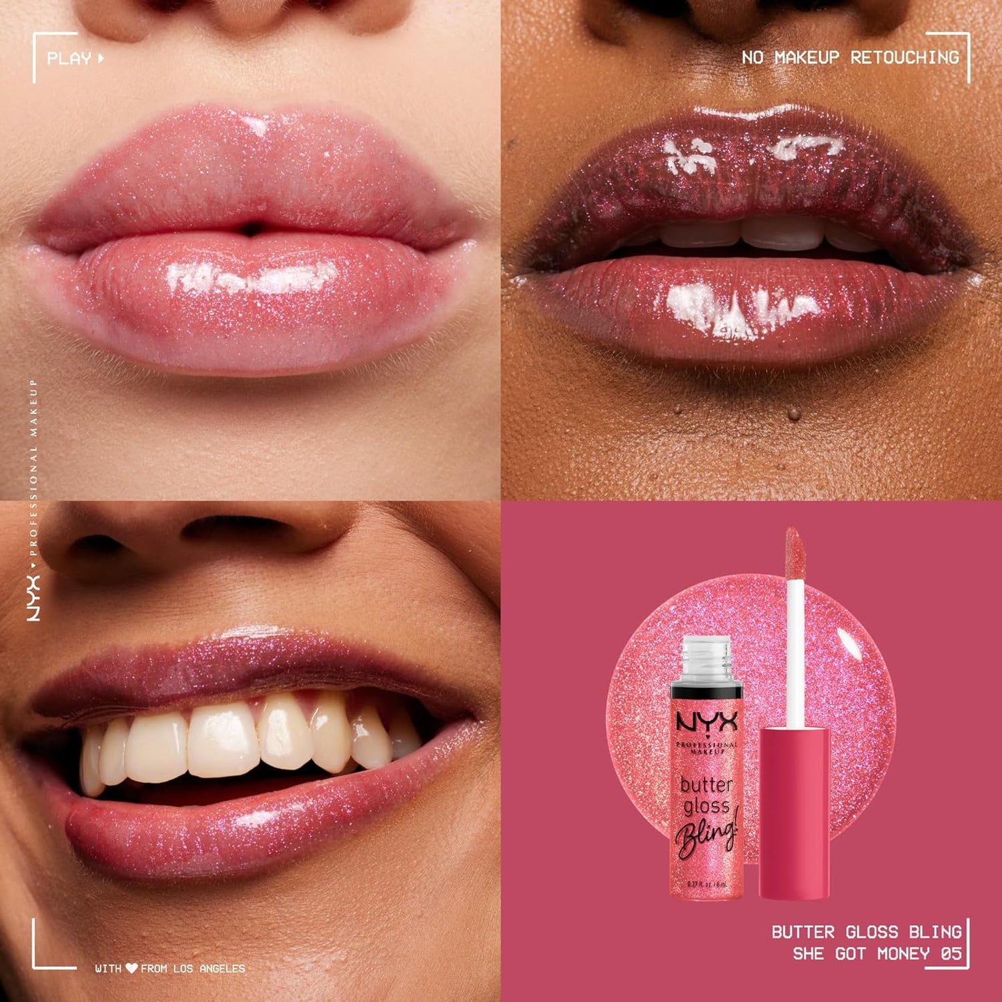 , Butter Gloss Bling, Non-Sticky, High Shine, Universally Flattering, 8 Ml - She Got Money (Shimmery Pink)