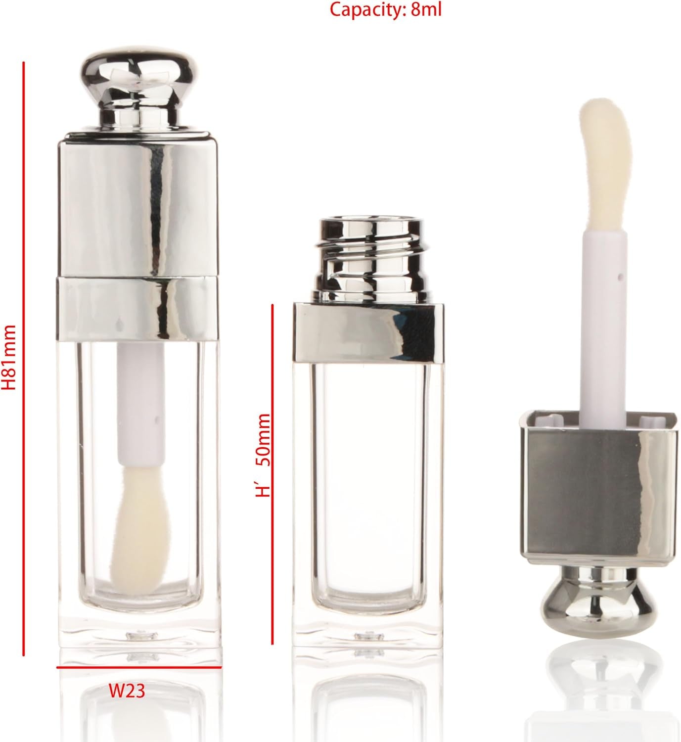 18PCS Empty 8ML Square Clear Lip Gloss Tube Silver Big Doe Foot Wand Lipgloss Tubes for Lip Oil Tint Bottles Container