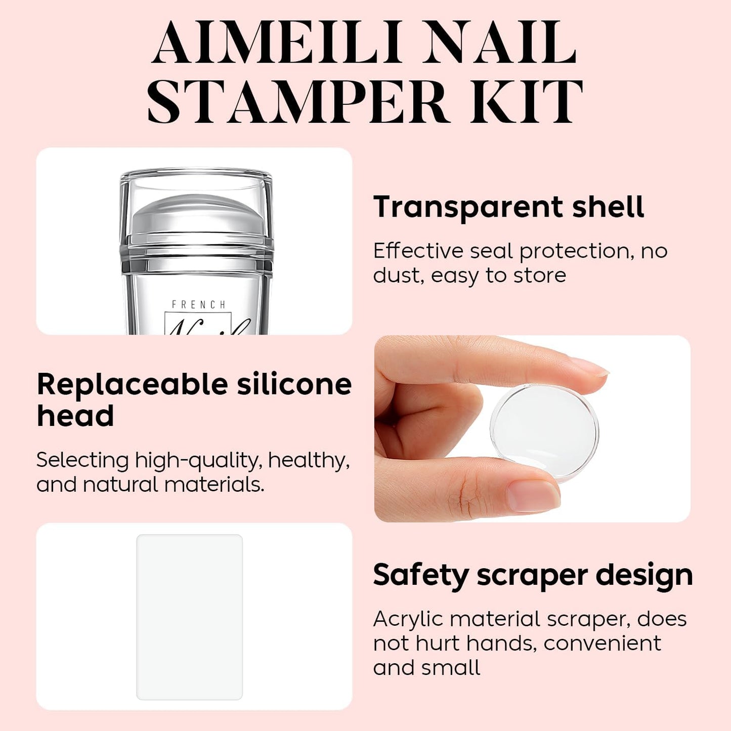 French Tip Nail Stamp - 4PCS Nail Art Clear Nail Stamper Kit with Replacement Nail Stamper Heads and Silicone Scrapers for French Manicure Home DIY Nail Salon