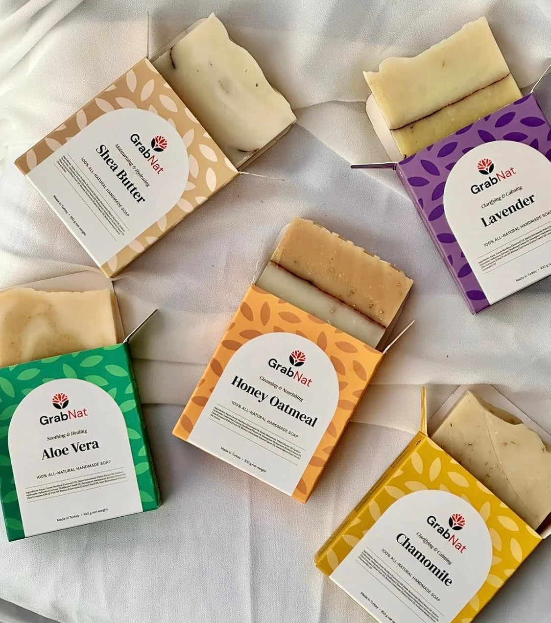 GrabNat Bar Soap Set: Chamomile, Lavender, Shea Butter, Aloe, Oatmeal Honey, 5 pcs