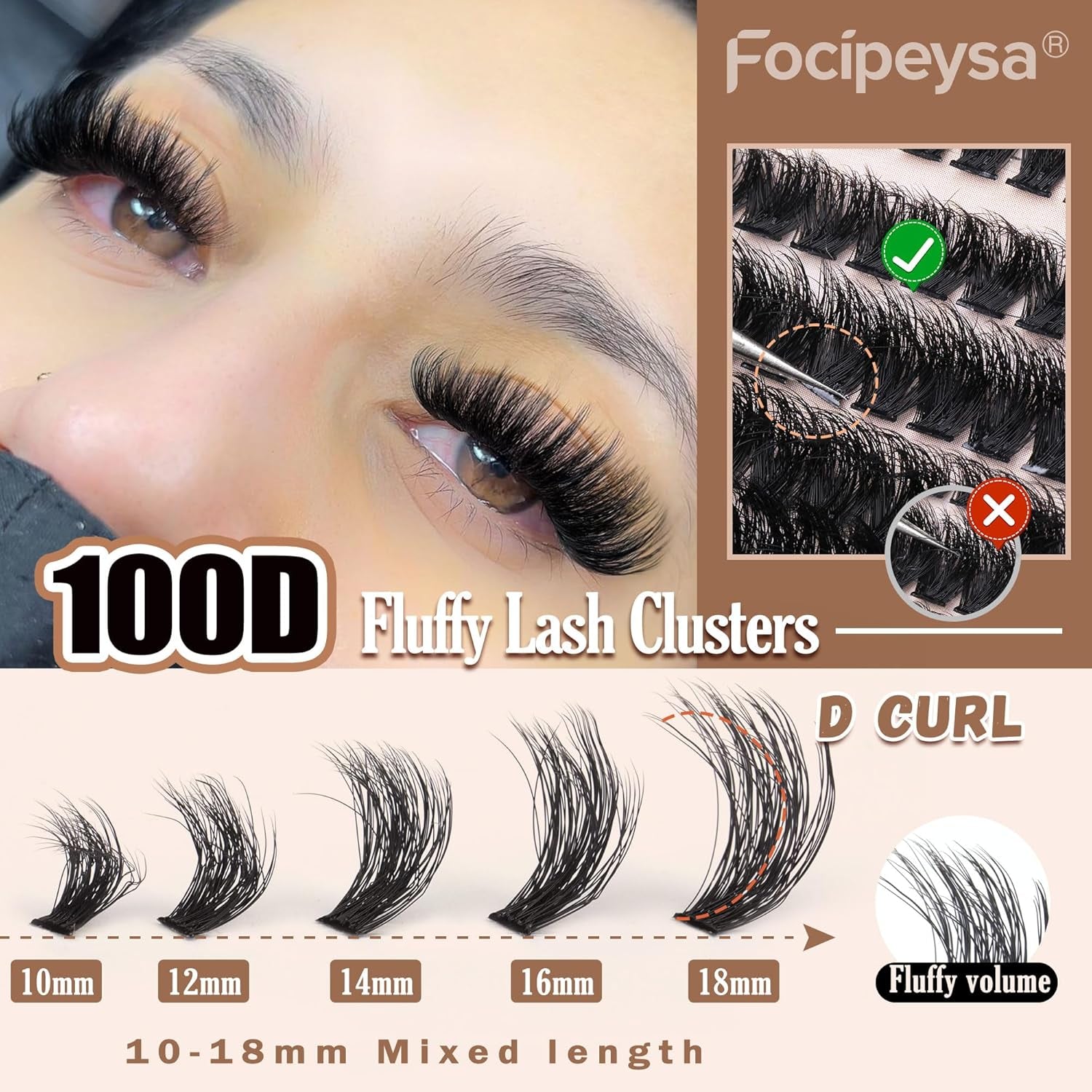 Fluffy Eyelash Extension Kit Volume Lash Clusters Kit 10-18Mm Individual Lashes Clusters 100D DIY Lash Extension Kit 200Pcs Clusters Lash with Bond and Remover Lash Applicator by
