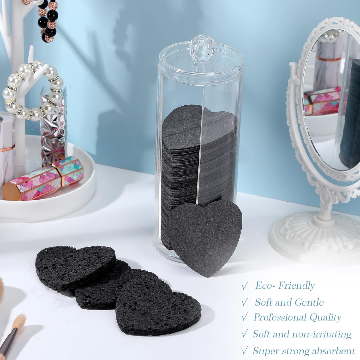 120 Pcs Compressed Facial Sponges with Container Disposable Face Sponge Pads for Washing Face Cleansing Exfoliating Esthetician Makeup Removal(Heart,Black)
