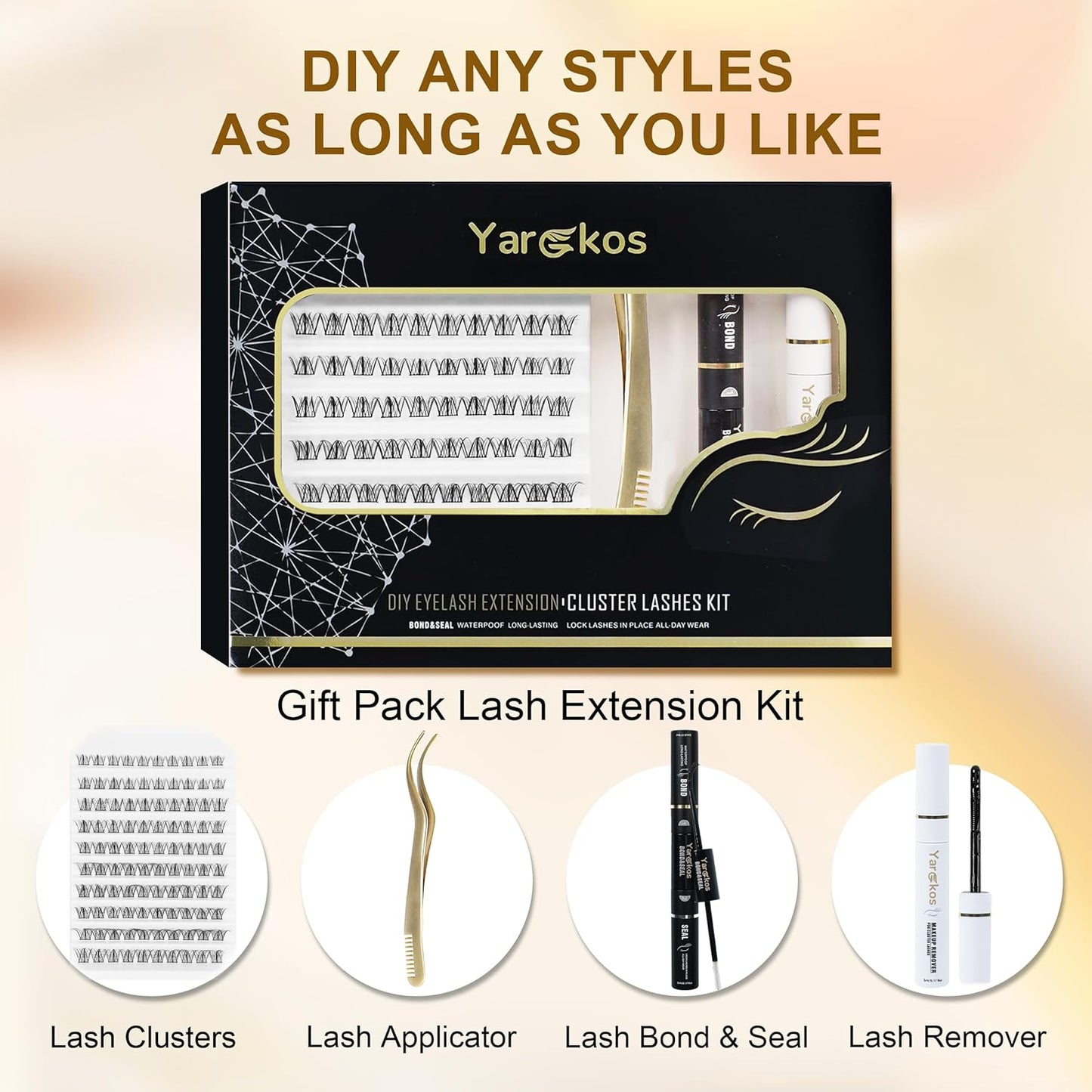 Eyelash Extension Kit, False Lashes Mix 10-16Mm, 2-In-1 Bond Seal Glue, Makeup Remover, Lash Tweezers with Comb, Women DIY Individual Application at Home, 100Pcs C Curl Clusters, B1-Black