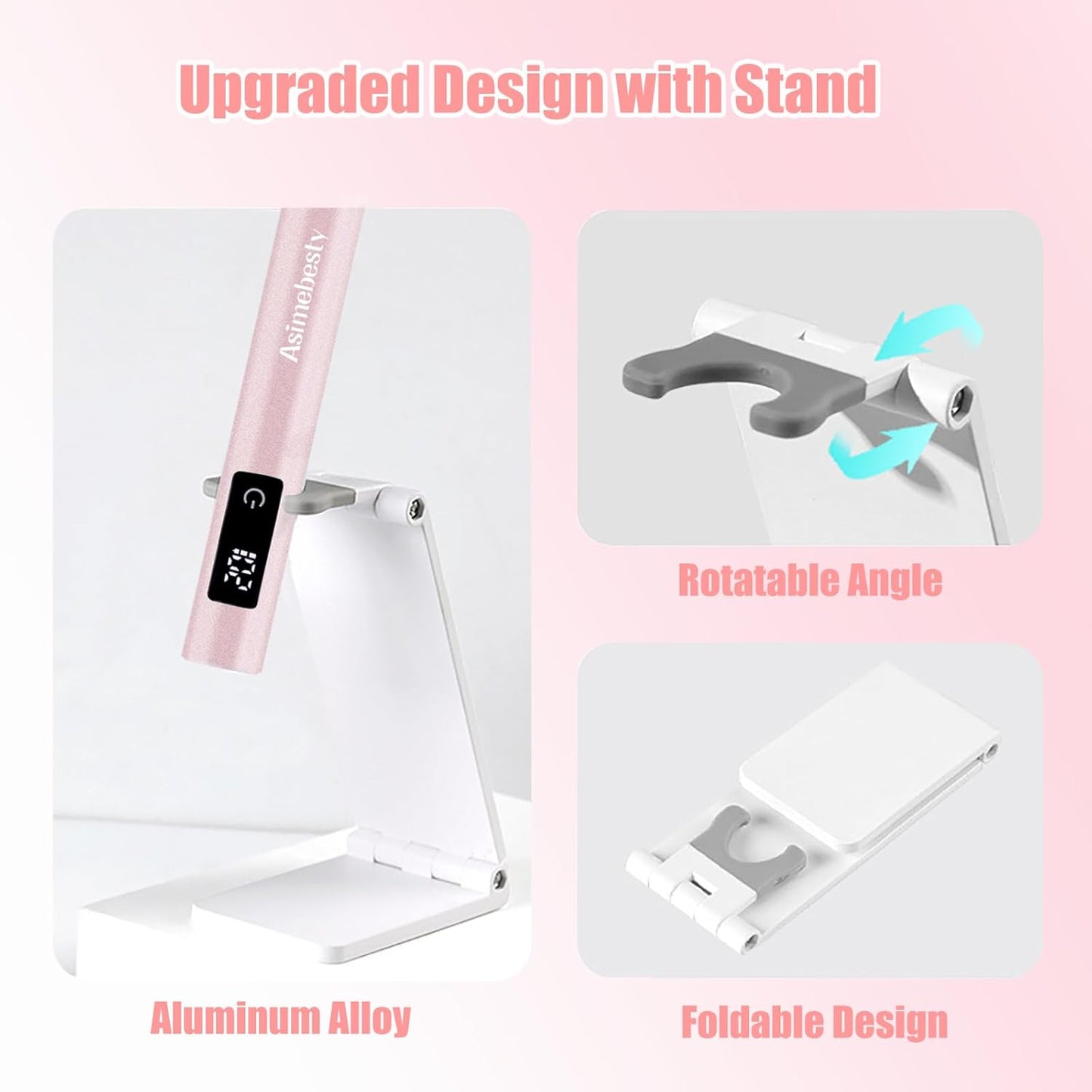 UV Lamp for Gel Nails, Mini UV Nail Lamp Hand Held with Stand, Portable Small Nail Dryer Light for Gel Polish with 3 Timers, Rechargeable Cordless UV Light Nail for Fast Curing, Rose