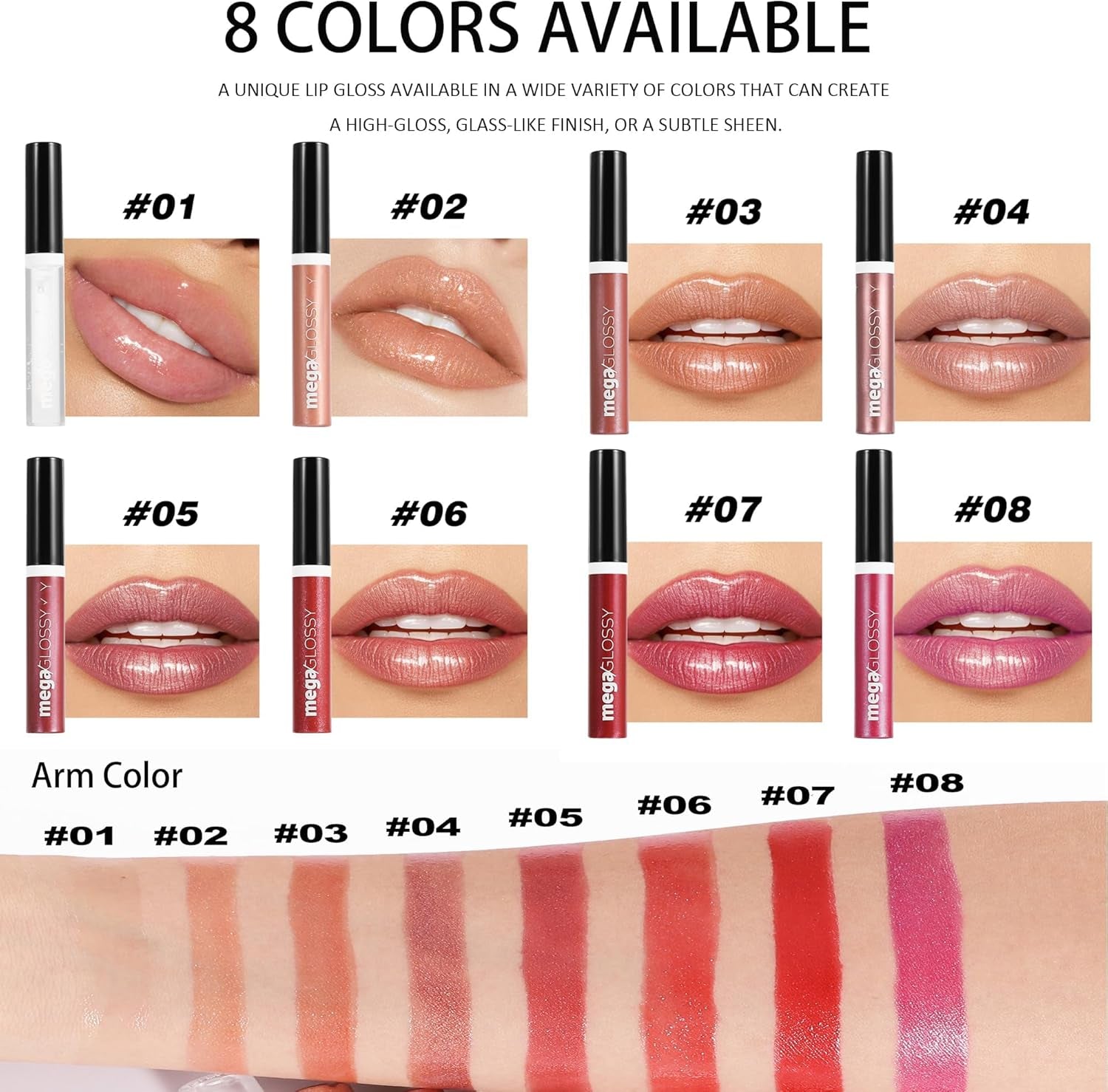 Mega Glossy Shimmer Lip Gloss for Women, 8 Shades Ultra High Shine Glosses Glitter Liquid Lip Glaze, Moisturizing, Non-Sticky Glossy Finish, Long-Lasting Shine & Fuller-Looking Lip Makeup (#01, S)