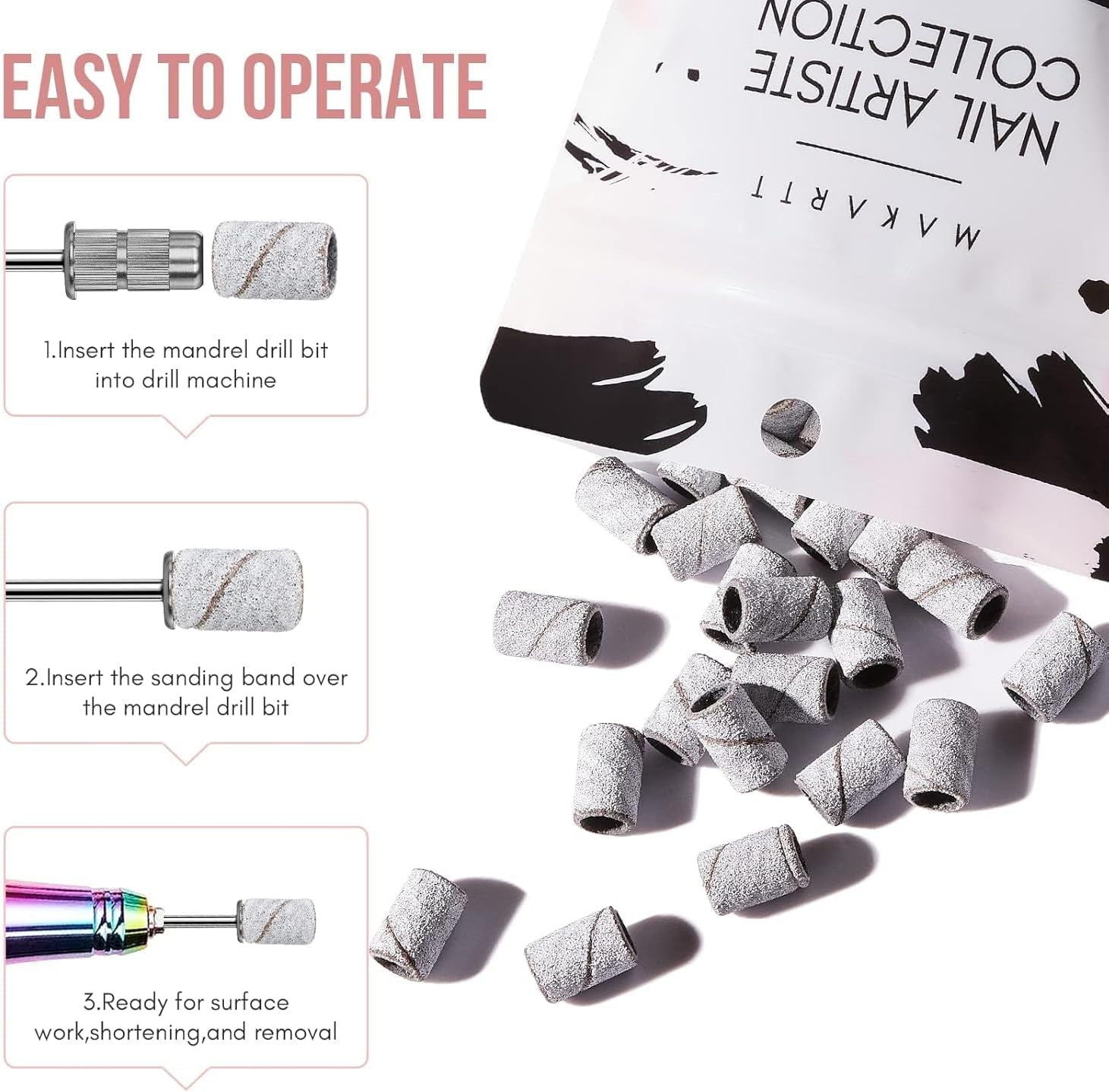 Sanding Bands for Nail Drill, 100 Pcs Nail File Sanding Bands for Drill Bits #180 Medium Grits for Acrylic Nails Gel Removing and Shaping, Upgrade Thicker Durable Sanding Drill Bit, White