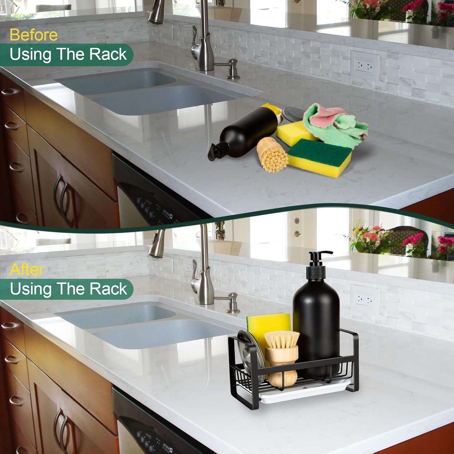 Sponge Holder for Kitchen Sink- Stainless Steel Kitchen Sink Caddy for Organizing Sponge, Brush & Soap Dish Dispenser, Coutertop Organizer Rack with Adhesive or Counter Top, Black