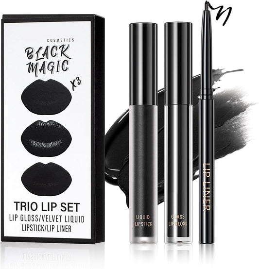 3 in 1 Black Lip Liner Pencil and Lipstick Lipgloss Set Matte Black Lipstick Lip Gloss Kit Long-Lasting Nonstick Cup Smudge Proof Lip Kits with Lip Liner,Highly Pigmented Velvet Goth Makeup (12#Black Magic)