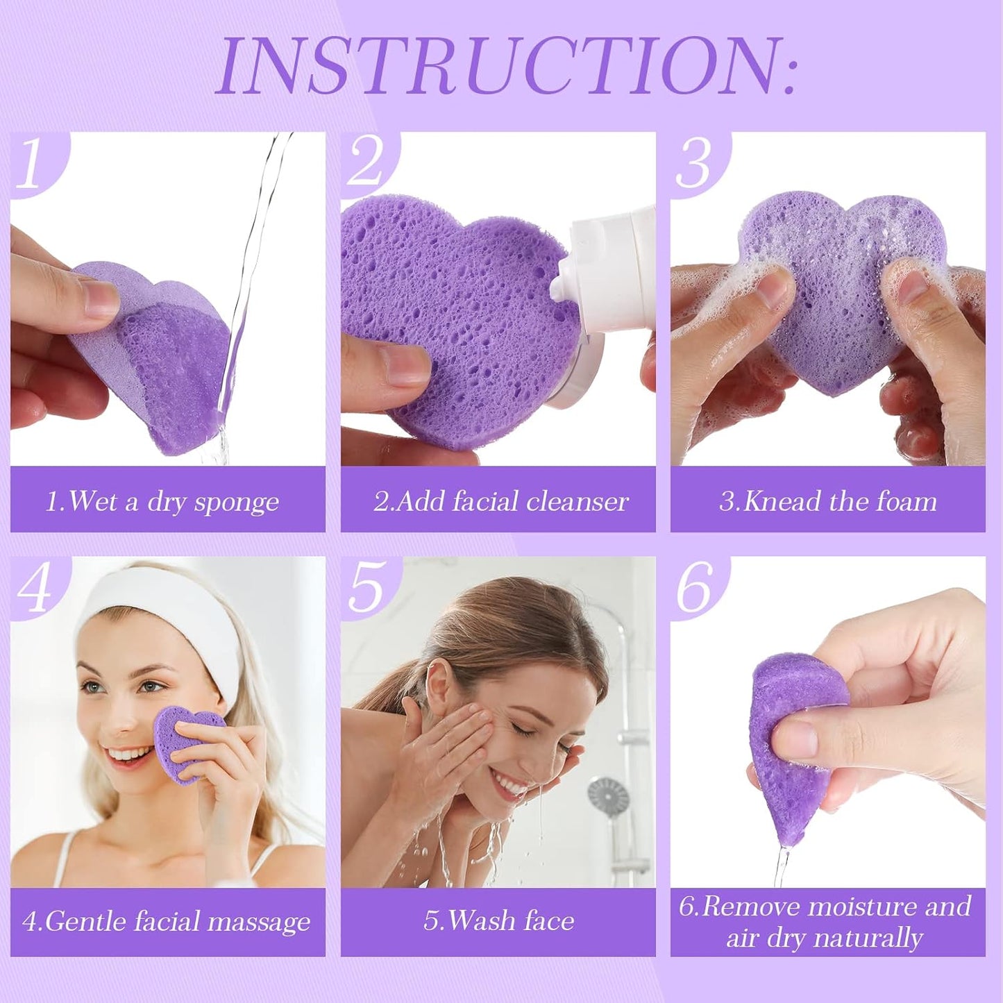 120 Pcs Compressed Facial Sponges with Container Disposable Face Sponge Pads for Washing Face Cleansing Exfoliating Esthetician Makeup Removal(Heart,Purple)
