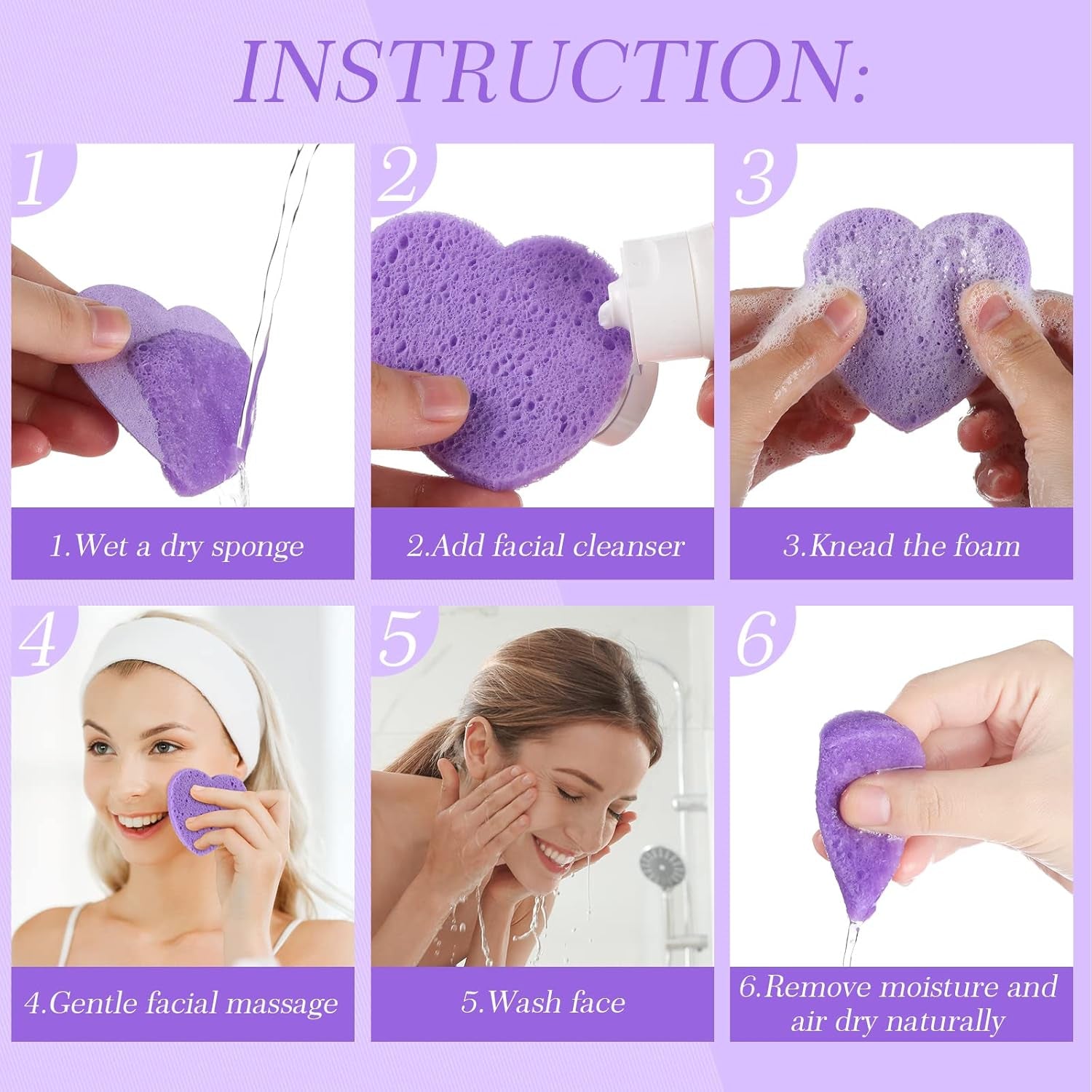 120 Pcs Compressed Facial Sponges with Container Disposable Face Sponge Pads for Washing Face Cleansing Exfoliating Esthetician Makeup Removal(Heart,Purple)