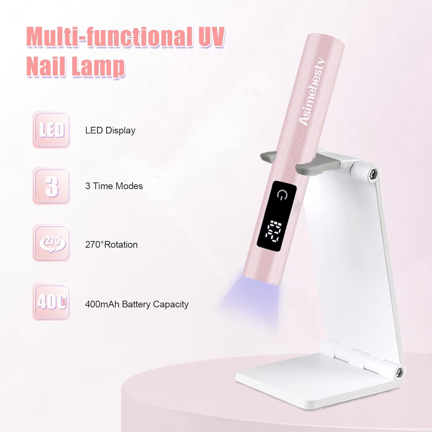UV Lamp for Gel Nails, Mini UV Nail Lamp Hand Held with Stand, Portable Small Nail Dryer Light for Gel Polish with 3 Timers, Rechargeable Cordless UV Light Nail for Fast Curing, Rose