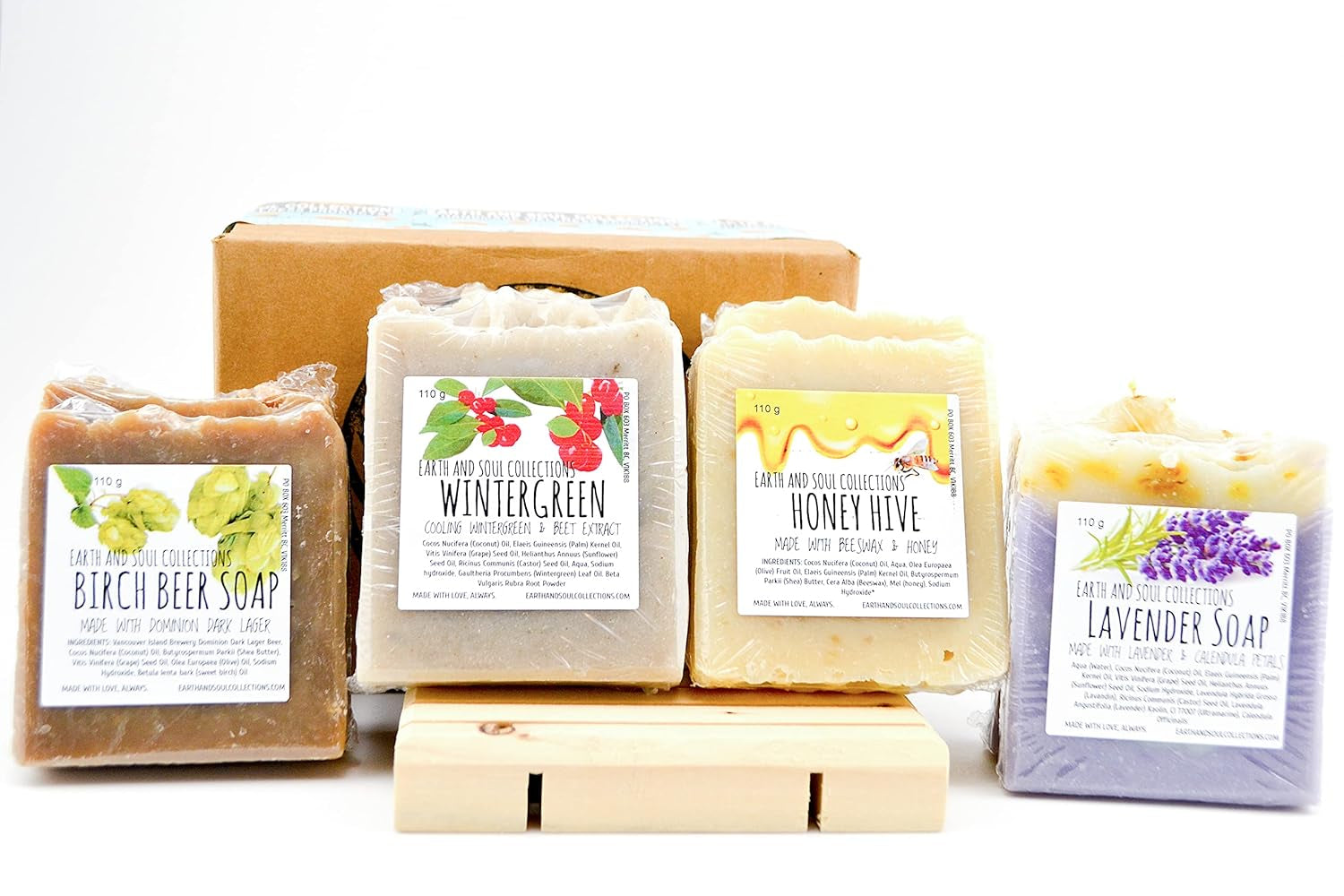 Earth and Soul Collections - Natural Bar Soap, 8 Soaps per Kit + a Wooden Soap Holder,  Essential Oil Bar Soap for Dry Skin, 110G Bars