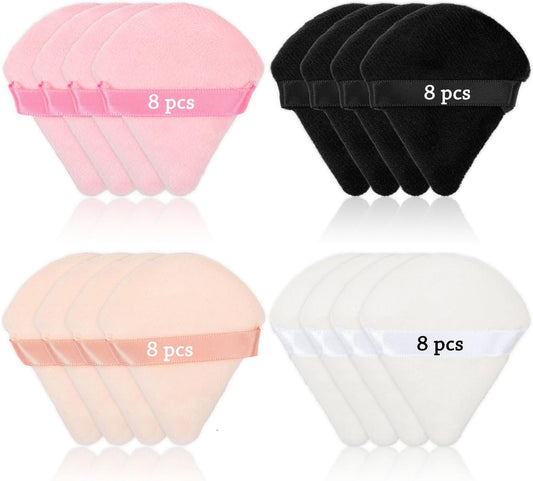 32Pcs Triangular Velvet Makeup Puff with Ribbon Band for Contouring under Eyes and Face, Powder Puff Sponge for Setting (Multi-Colors)