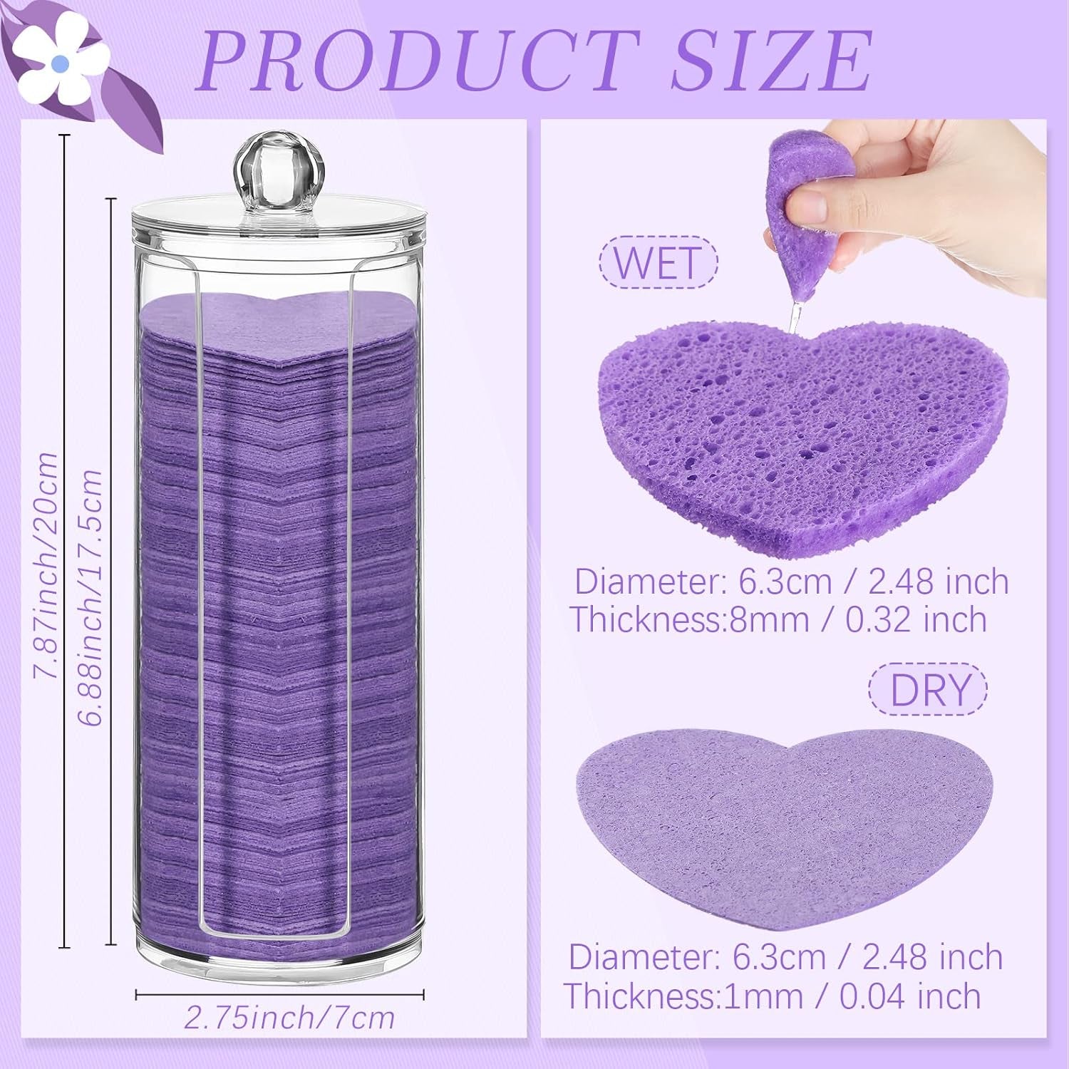 120 Pcs Compressed Facial Sponges with Container Disposable Face Sponge Pads for Washing Face Cleansing Exfoliating Esthetician Makeup Removal(Heart,Purple)