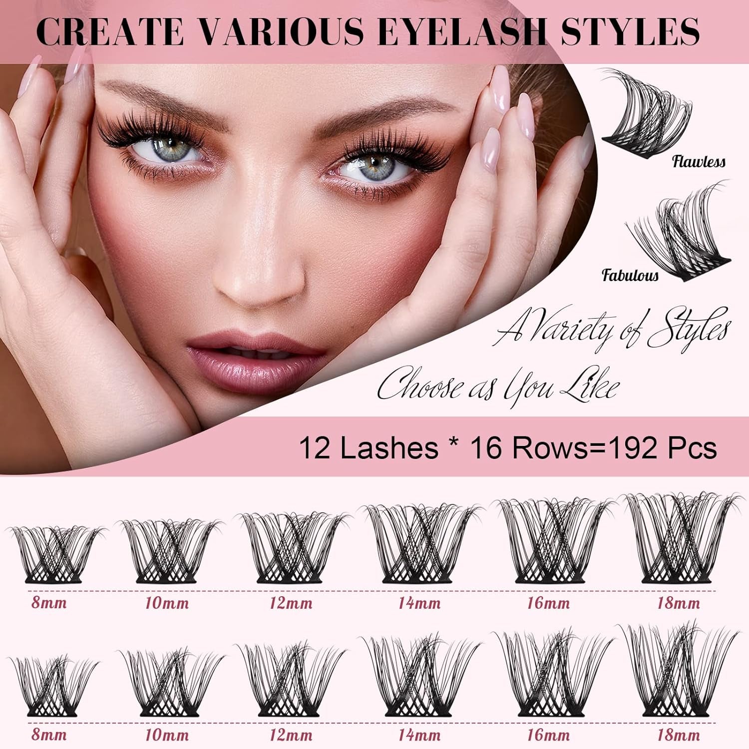 192 Pcs Lash Clusters 2 Styles Mixed Cluster Lashes DIY Eyelash Extensions Eyelash Cluster Extension DIY Individual Lashes Super Thin Band Soft and Easy to Wear (Flawless+Fabulous,C-Mix)
