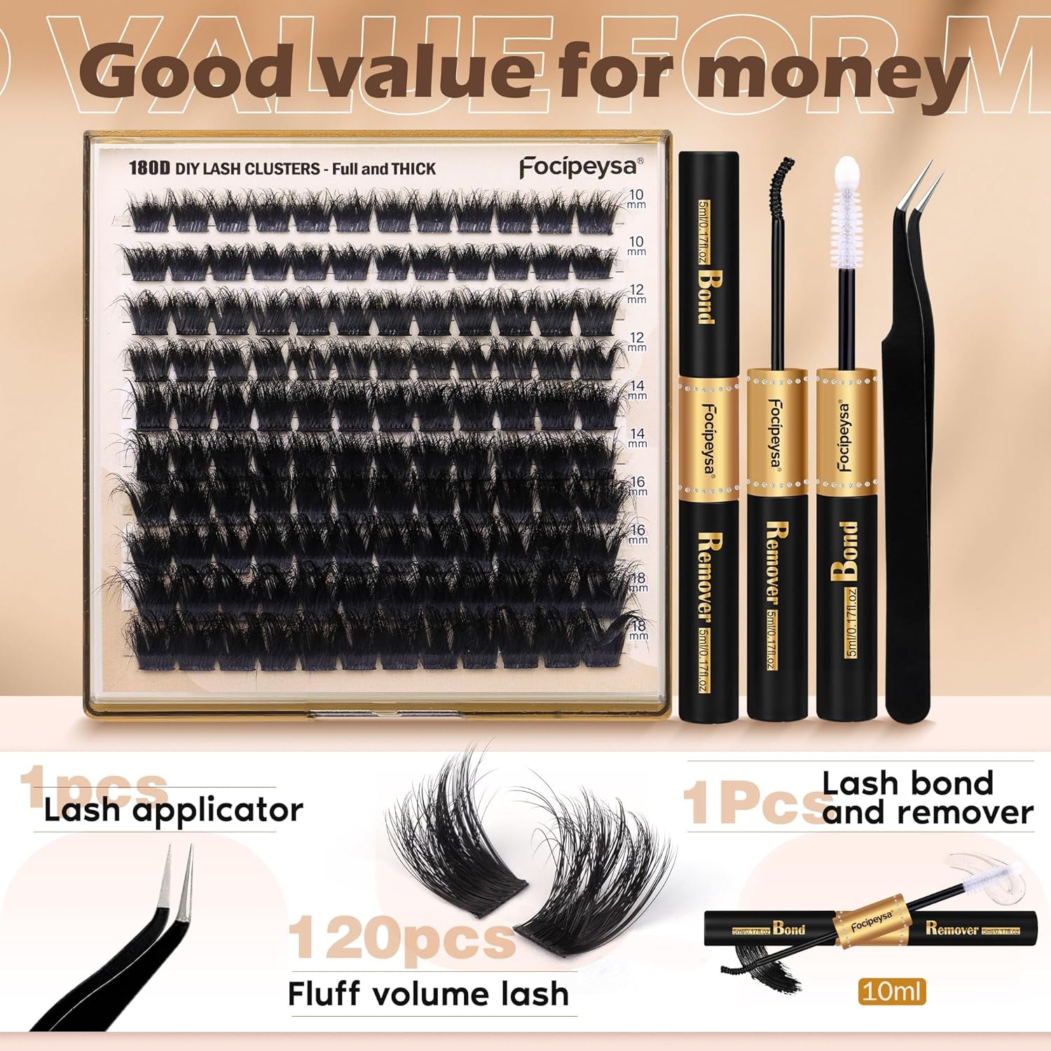 Eyelash Extension Kit Thick Lash Clusters Kit 10-18Mm Fluffy Clusters Lashes 180D Individual Eyelashes Kit with Lash Bond, Lash Remover, Lash Applicator DIY Lash Extension for Beginners (180D-D Curl)