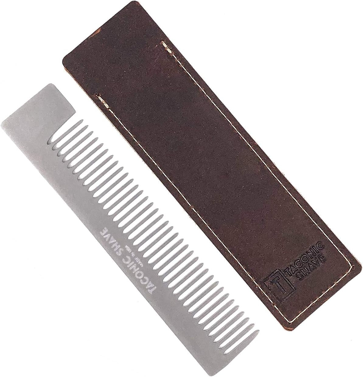 ’S Deluxe Stainless Steel Pocket Hair Comb for Men, Genuine Saddle Leather Case Included, Made in the USA