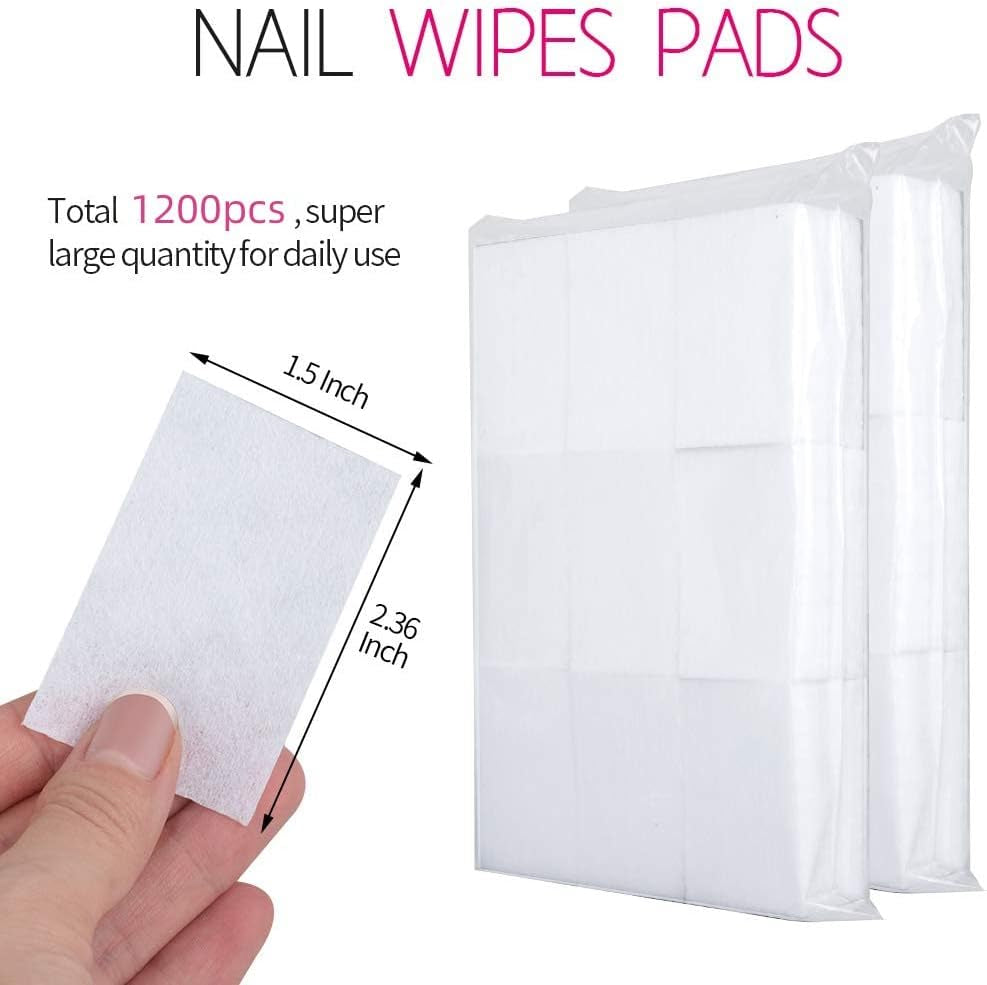 1200Pcs Lint Free Nail Wipes Pads with Plastic Bottle, 1Pcs 100Ml Gel Polish Remover Pump Dispenser and 1 Packs Gel Acrylic Polish Remover Cleaner Cotton Pads, UV Gel Soak off Clean Wipe