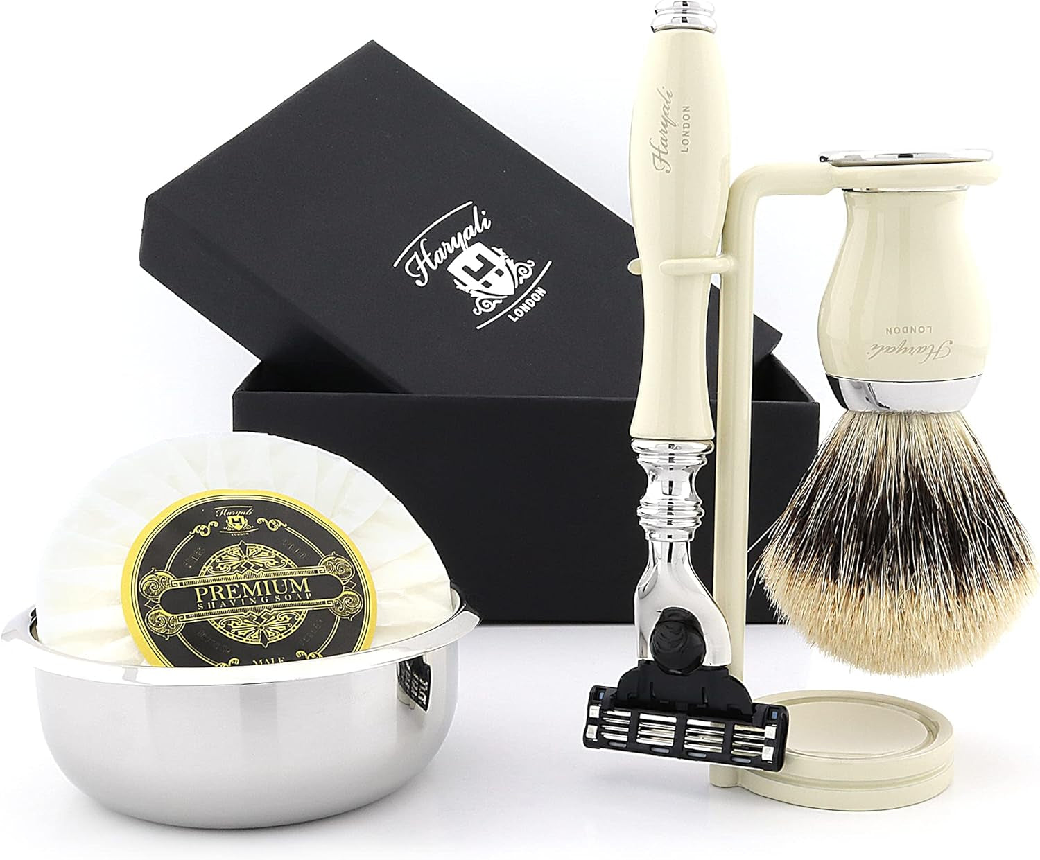 Luxury Shaving Set for Men Featuring Top Grade Silver Tip Brush, Gillette Mach3, Dual Stand, Engraved Bowl & Soap