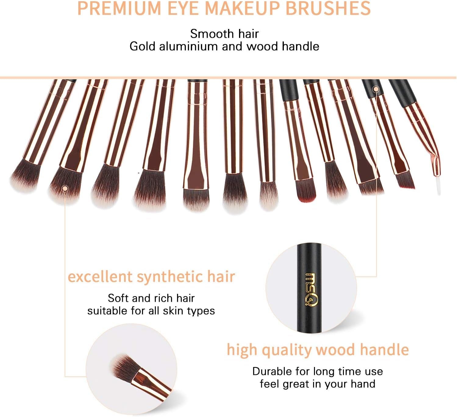 Eye Makeup Brushes 12Pcs Rose Gold Eyeshadow Makeup Brushes Set with Soft Synthetic Hairs & Real Wood Handle for Eyeshadow, Eyebrow, Eyeliner, Blending