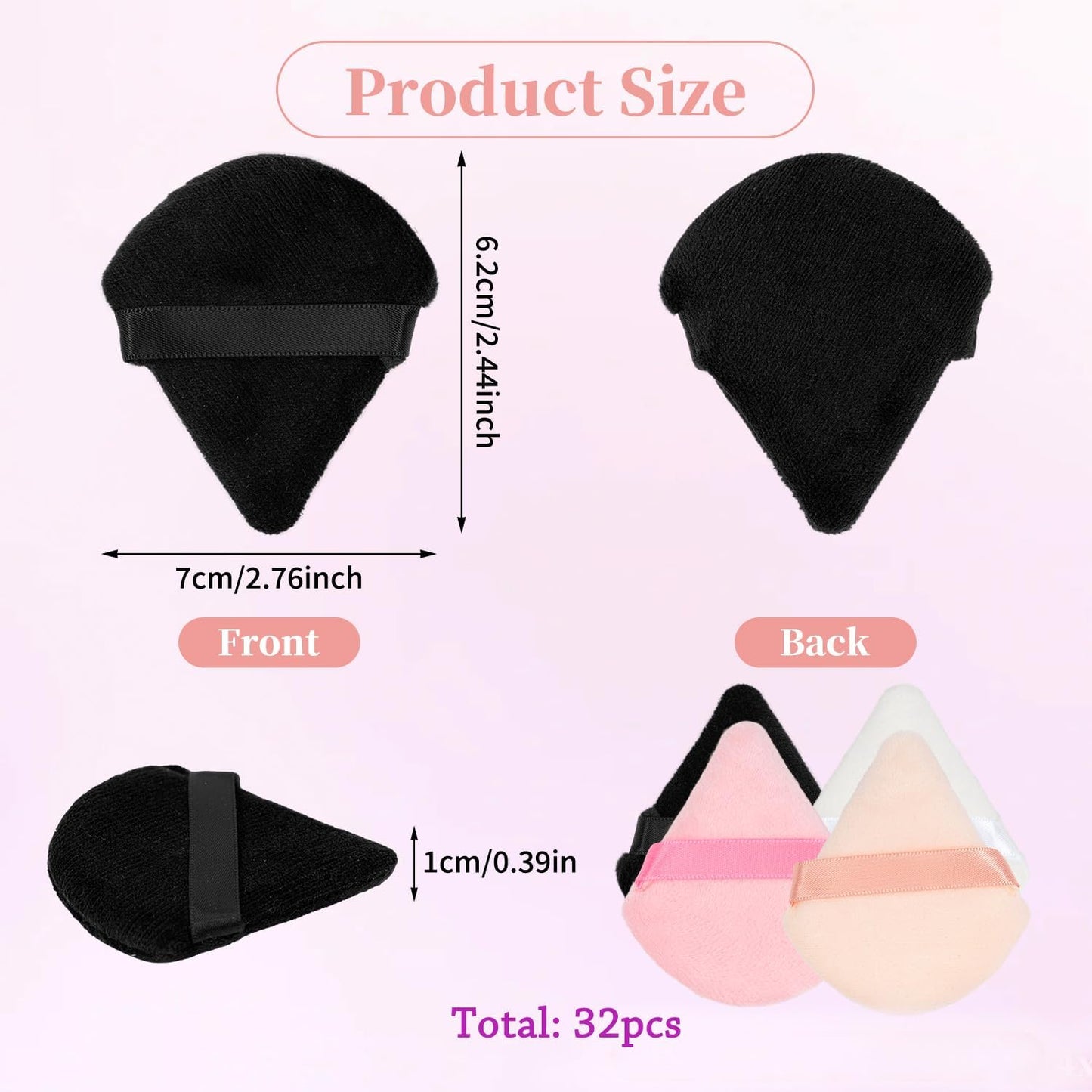 32Pcs Triangular Velvet Makeup Puff with Ribbon Band for Contouring under Eyes and Face, Powder Puff Sponge for Setting (Multi-Colors)