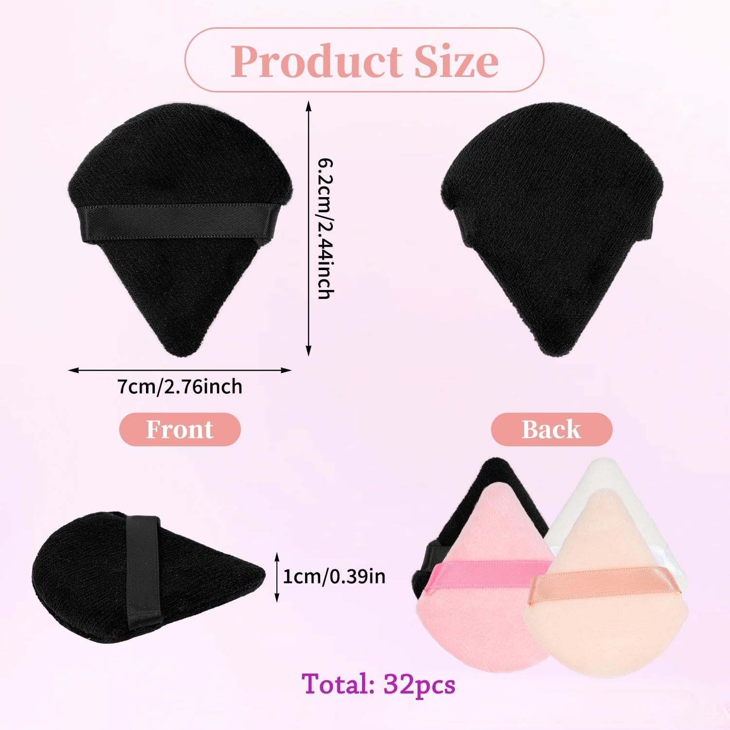 32Pcs Triangular Velvet Makeup Puff with Ribbon Band for Contouring under Eyes and Face, Powder Puff Sponge for Setting (Multi-Colors)