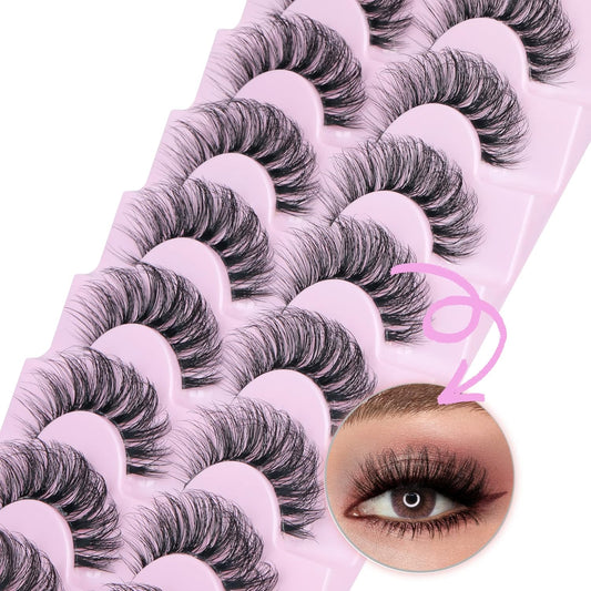 False Eyelashes Wispy Mink Lashes Natural Look Fluffy Eye Lashes with Clear Band CC Curl Faux Mink Strip Eyelashes Pack like Extensions 8 Pairs 3D Volume Fake Eyelashes by