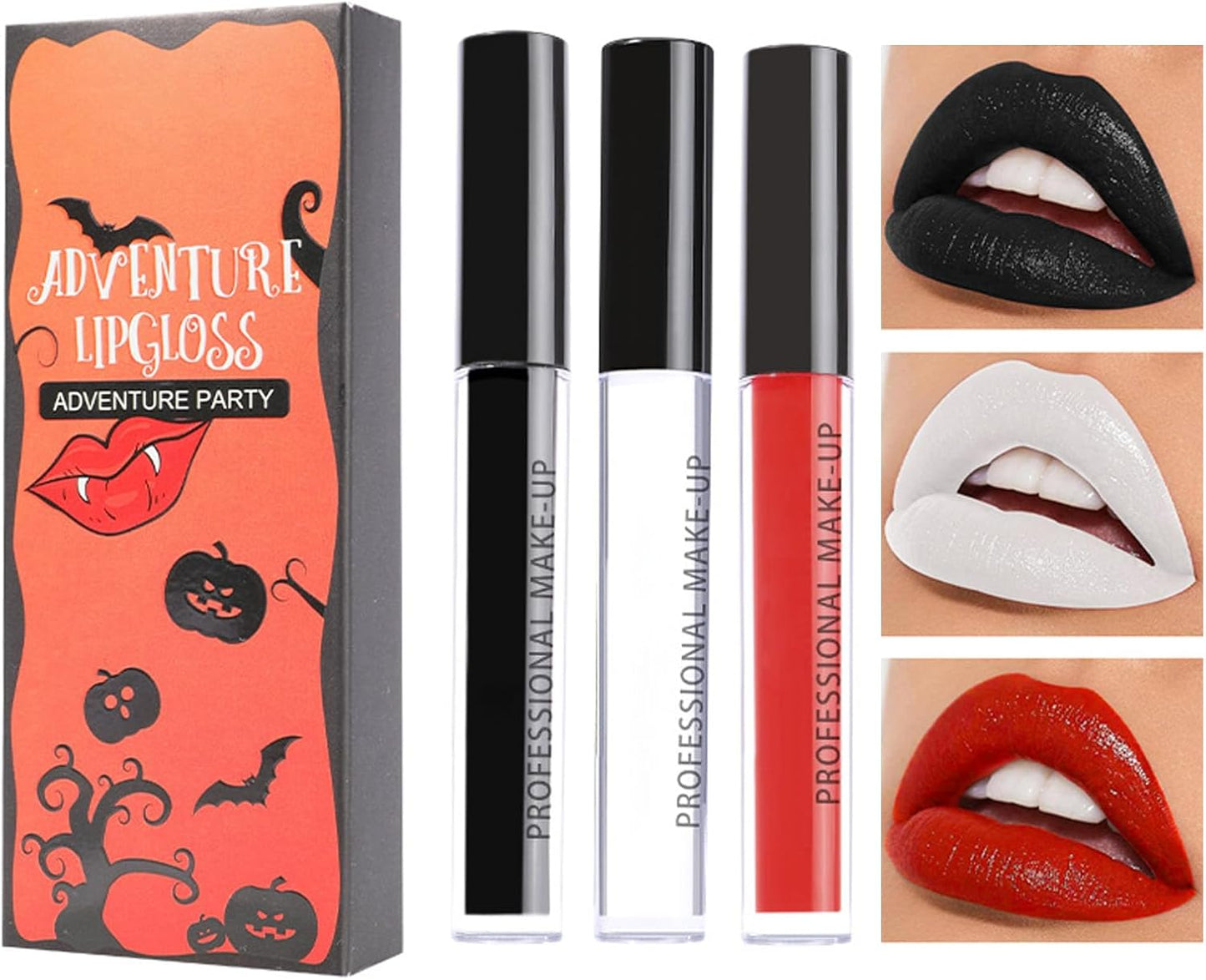 Halloween Matte Lip Gloss Set, Halloween Goth Makeup, Black Red White Lip Gloss Set for Women, No Fading, No Sticking, Waterproof