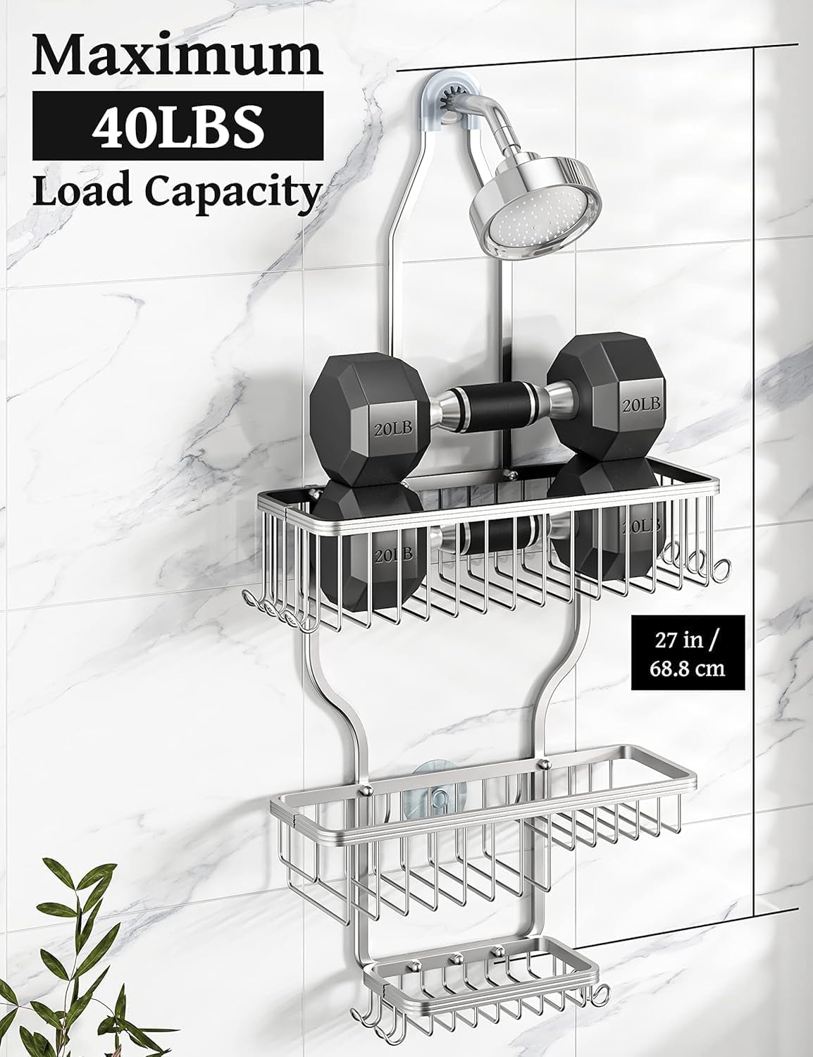 Shower Caddy Hanging - Never Rust Shower Organizer - Aluminum over the Head Caddy with 10 Hooks for Razor/Sponge - Rack with Soap Basket - Silver