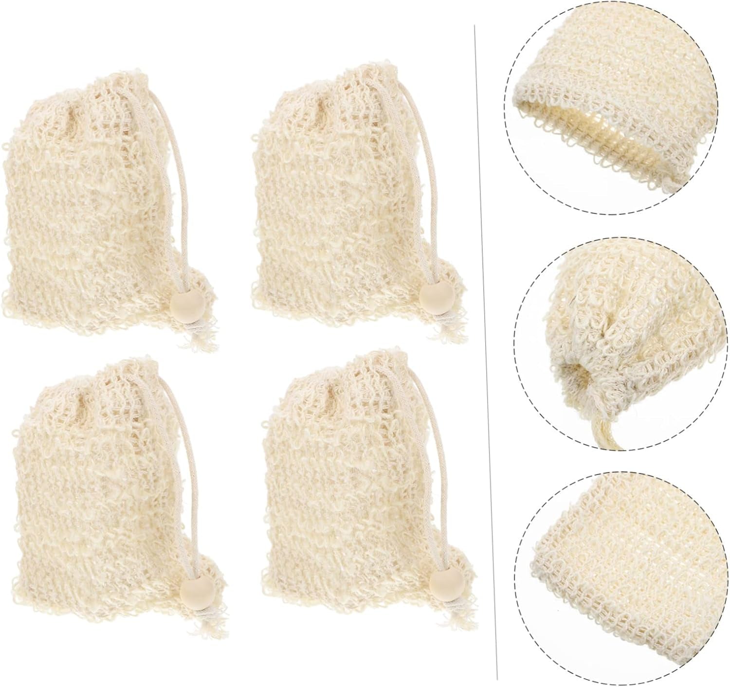 4Pcs Cotton Linen Soap Bag Drawstring Quick Dry Mesh Soap Saver Pouch for Shower Exfoliating
