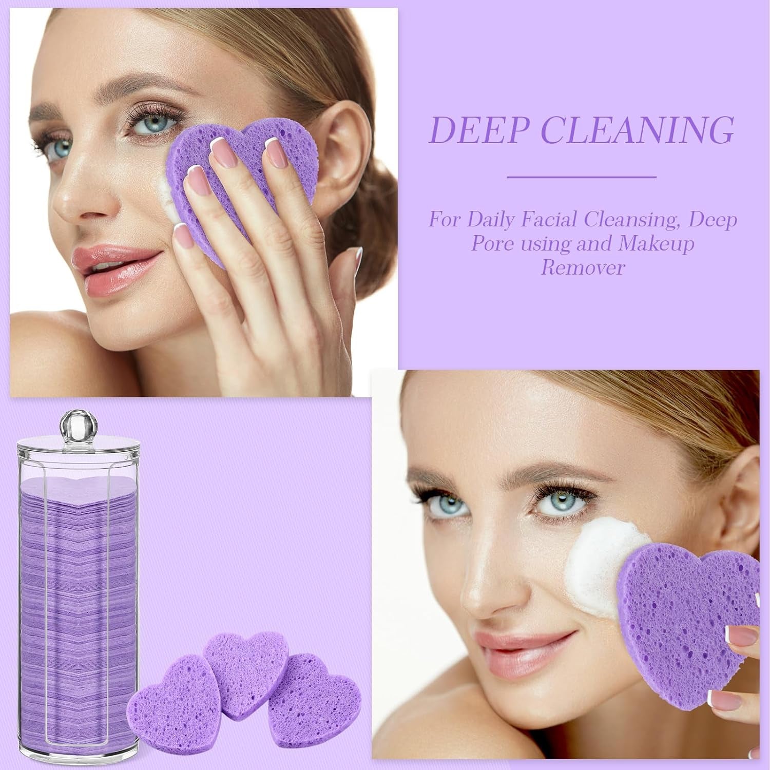120 Pcs Compressed Facial Sponges with Container Disposable Face Sponge Pads for Washing Face Cleansing Exfoliating Esthetician Makeup Removal(Heart,Purple)