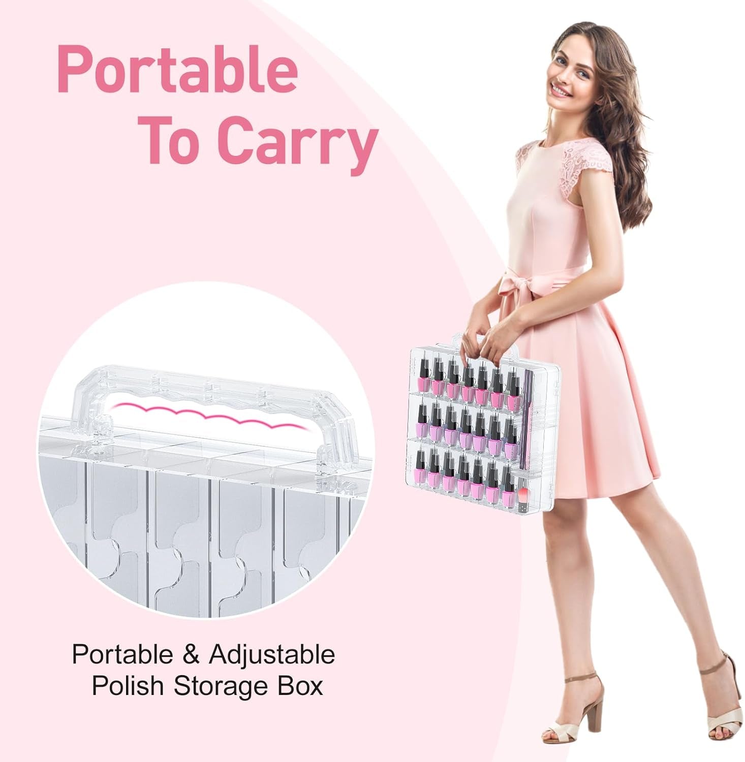 Nail Polish Organizer, 48 Bottles Transparent Nail Polish Holder with Adjustable Divider, Gel Nail Polish Storage Double Side Nail Polish Organizer Case for Storage Display