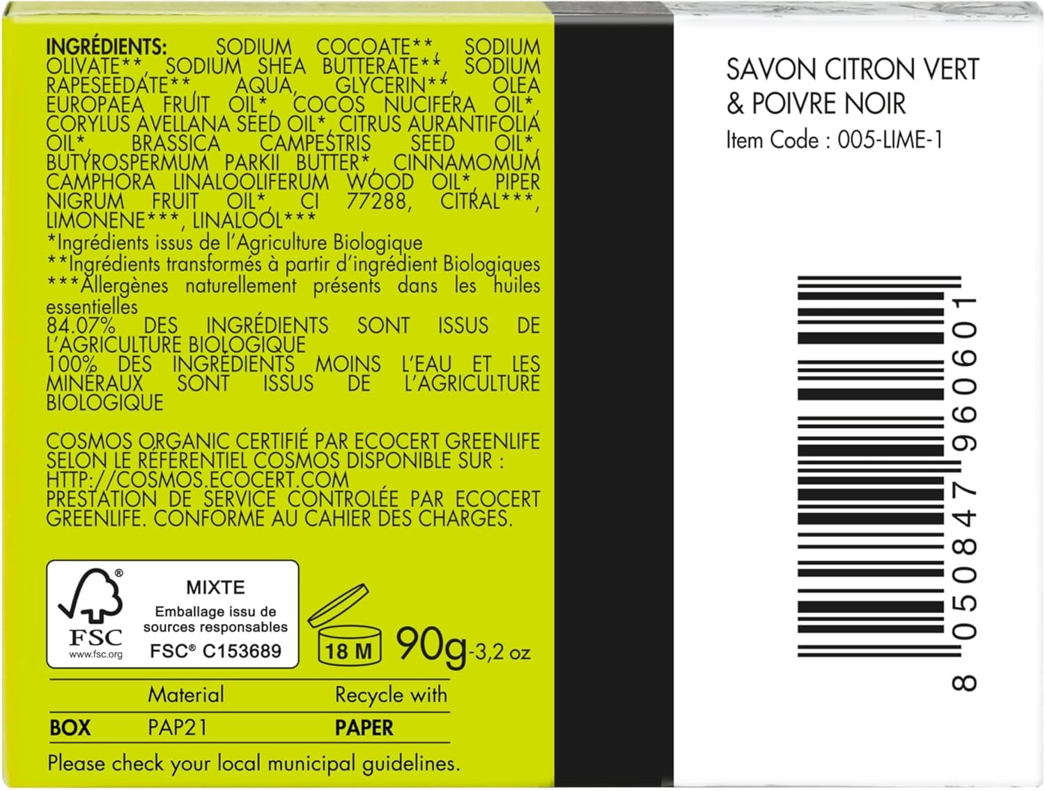 - Organic Handmade Soap Bar, Made in France (Lime)