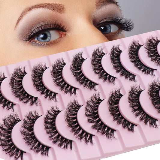 False Eyelashes,Russian Strip Lashes Fluffy Wispy 3D Effect False Lashes D Curl Eye Lashes Reusable Fake Lashes Thick Volume Faux Mink Lashes Natural Look, 10 Pairs